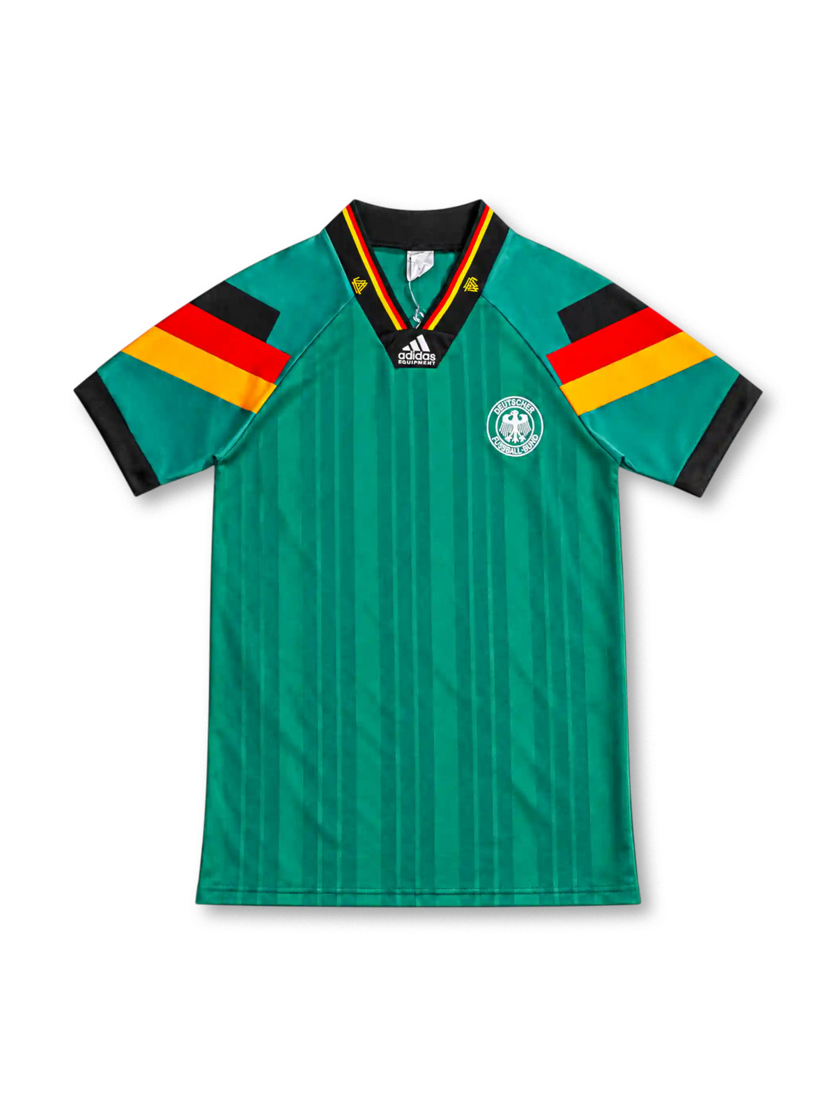 ドイツ代表 1992 アウェイユニフォーム グリーン 袖の黒赤金ブロック 国旗カラーVネック アディダス製 DFBエンブレム