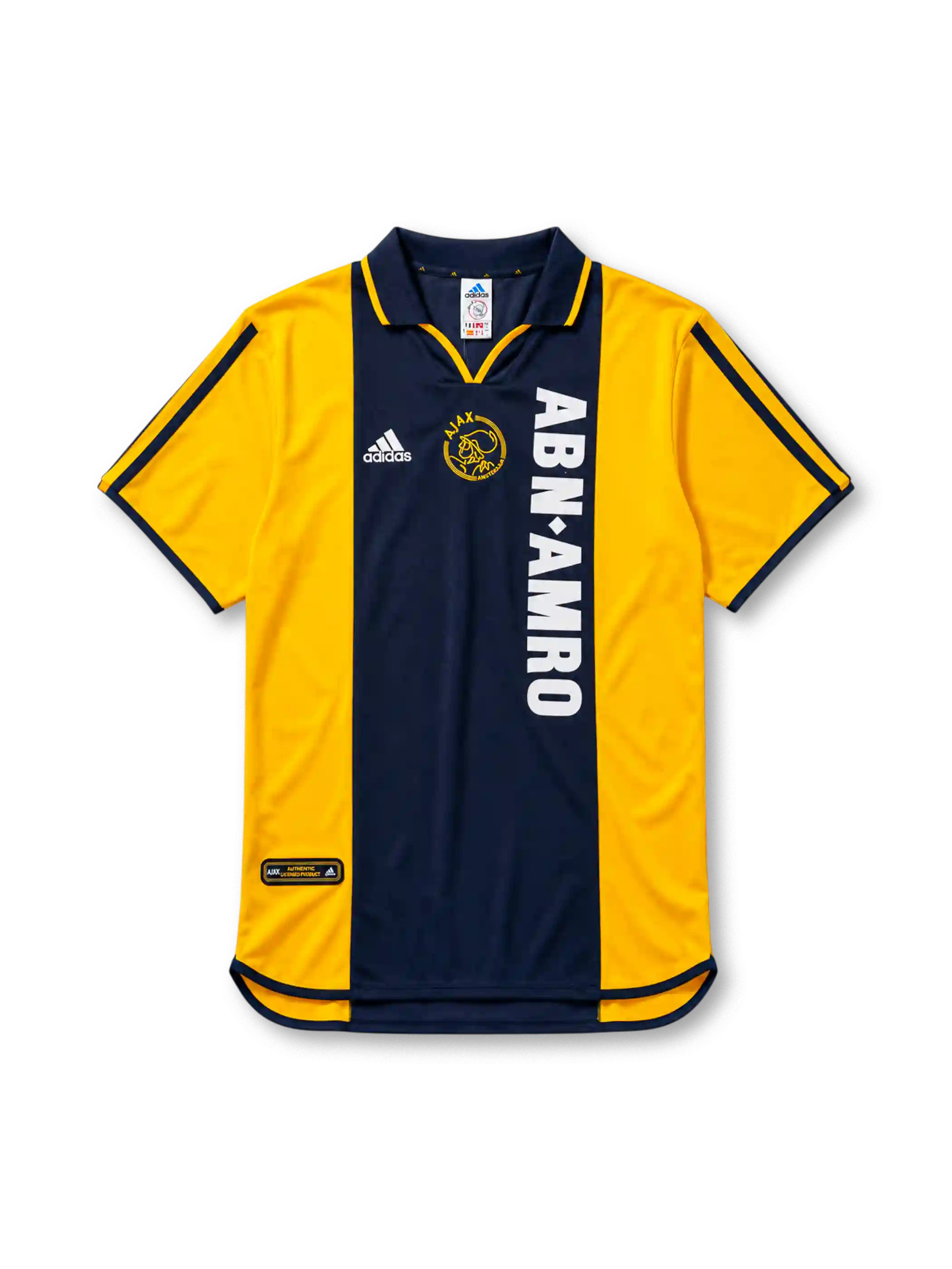 イエローの肩袖にネイビーの中央パネル、左胸のadidasロゴ、中央のAJAXクラブエンブレム、縦書きの白いABN・AMROスポンサーロゴを備えたアヤックス2000/01アウェイジャージ正面