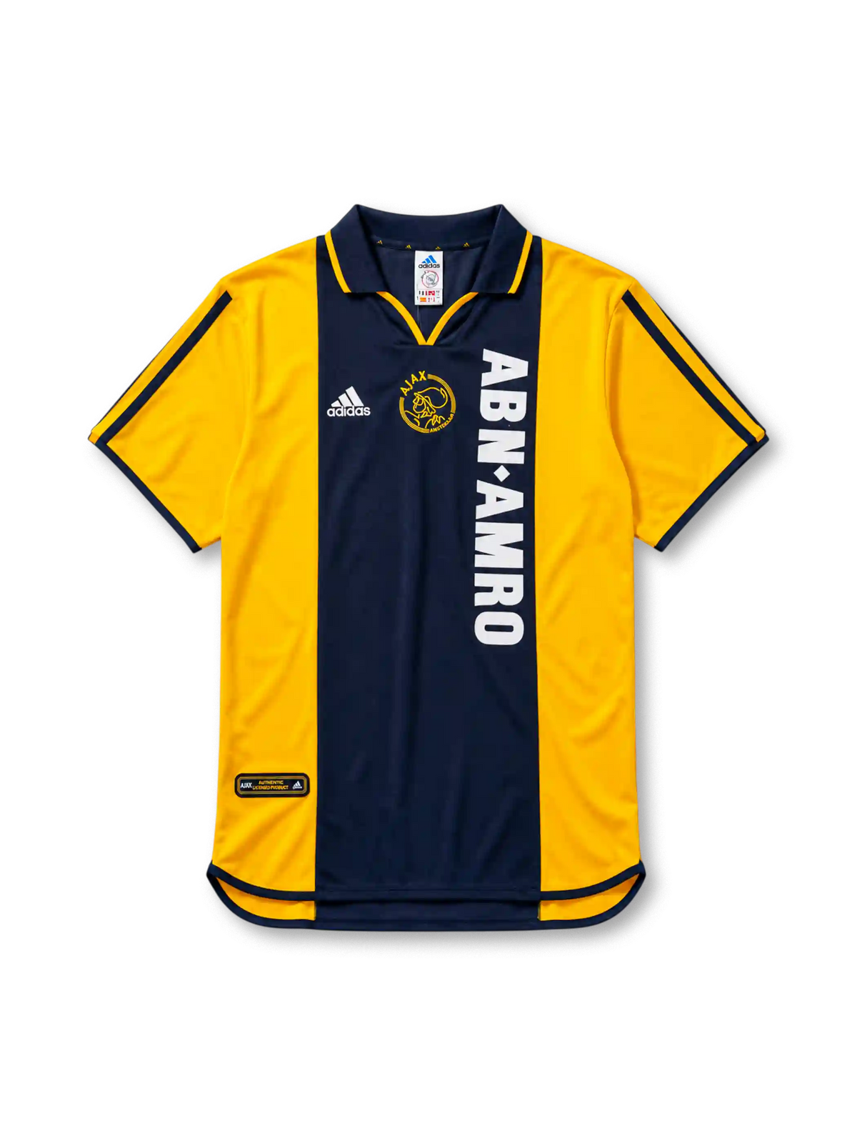 イエローの肩袖にネイビーの中央パネル、左胸のadidasロゴ、中央のAJAXクラブエンブレム、縦書きの白いABN・AMROスポンサーロゴを備えたアヤックス2000/01アウェイジャージ正面