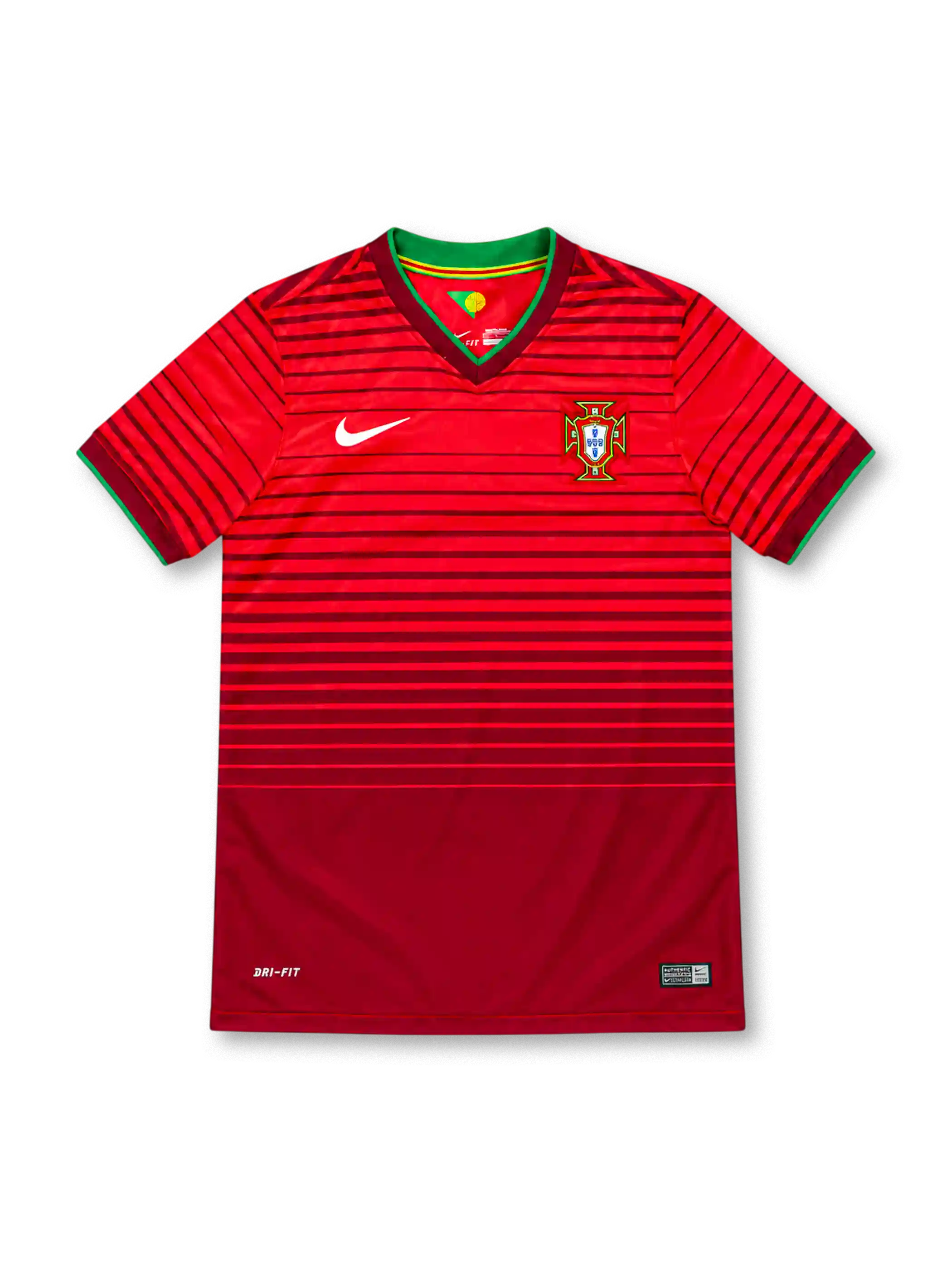 ポルトガル代表 2014 ホームユニフォーム 濃淡レッドのボーダー グリーントリムVネック ナイキ製 ブラジルW杯モデル