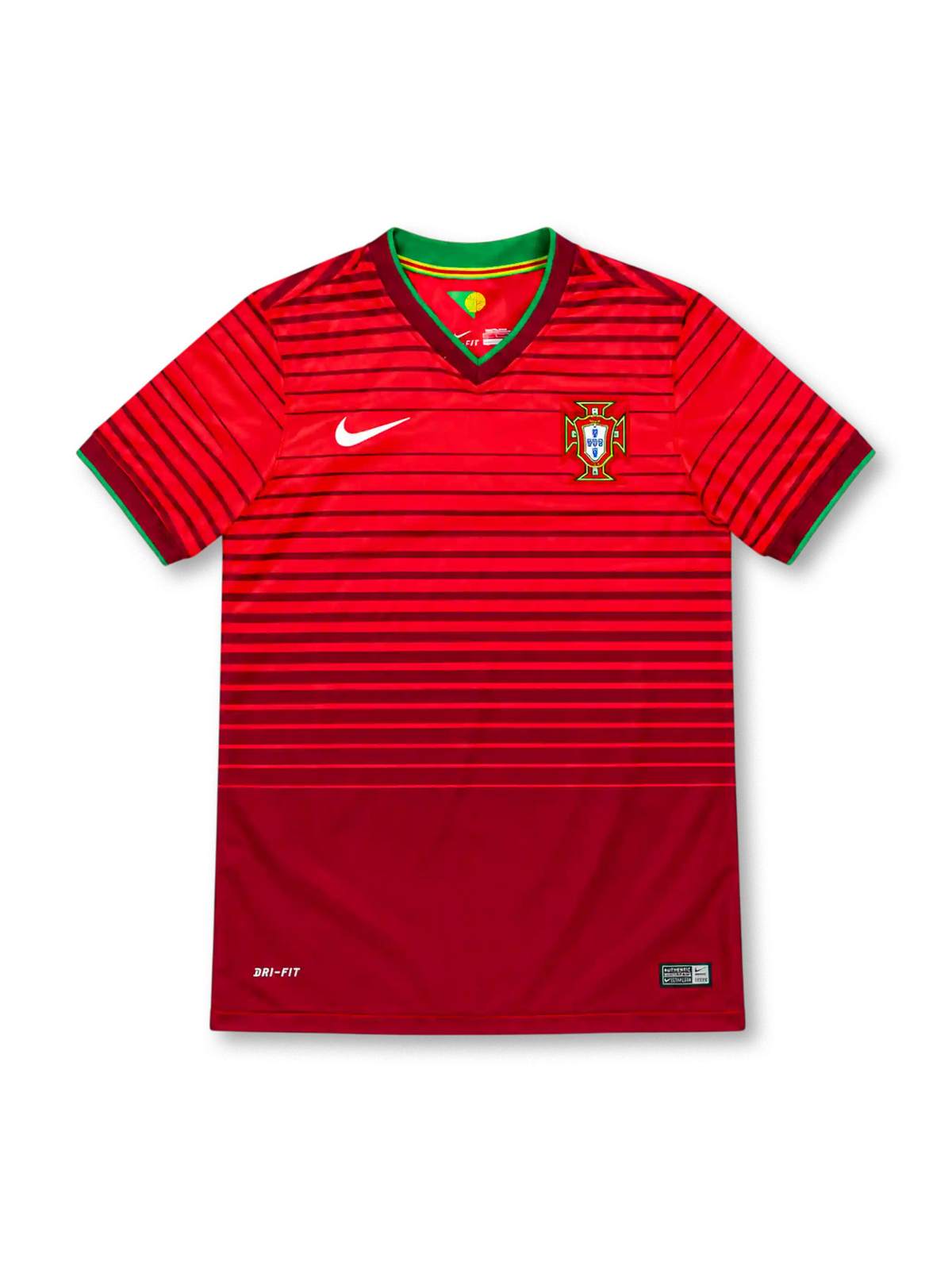 ポルトガル代表 2014 ホームユニフォーム 濃淡レッドのボーダー グリーントリムVネック ナイキ製 ブラジルW杯モデル
