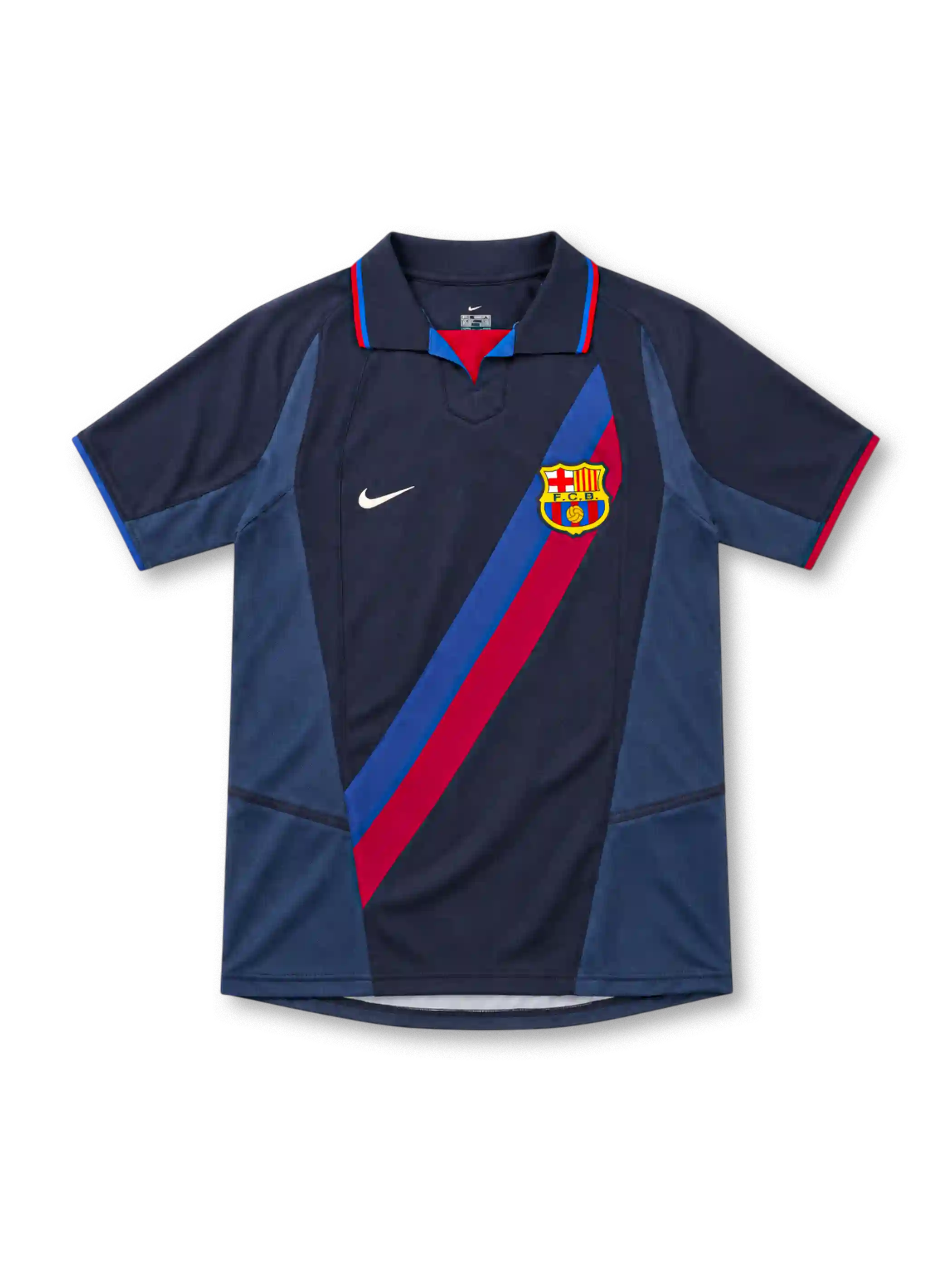 FCバルセロナ 2002/03 アウェイユニフォーム ネイビー 斜めのブラウグラナの帯 ポロ襟 ナイキ製