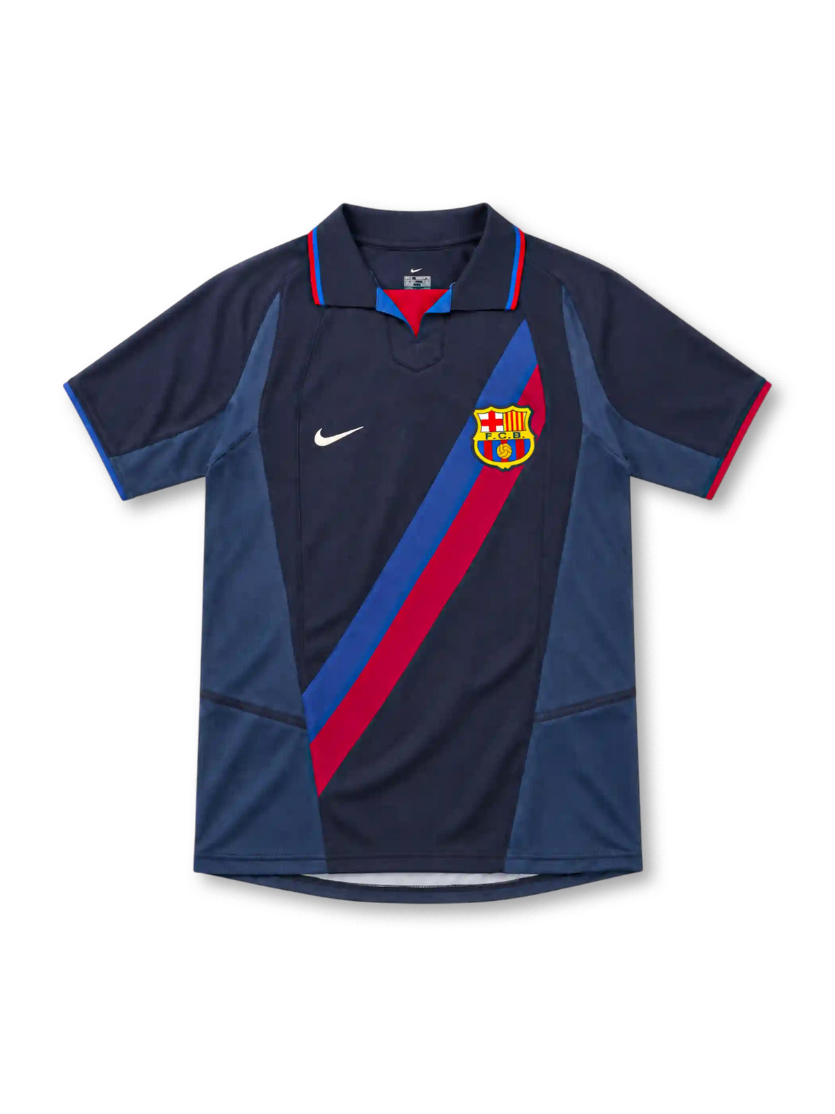FCバルセロナ 2002/03 アウェイユニフォーム ネイビー 斜めのブラウグラナの帯 ポロ襟 ナイキ製