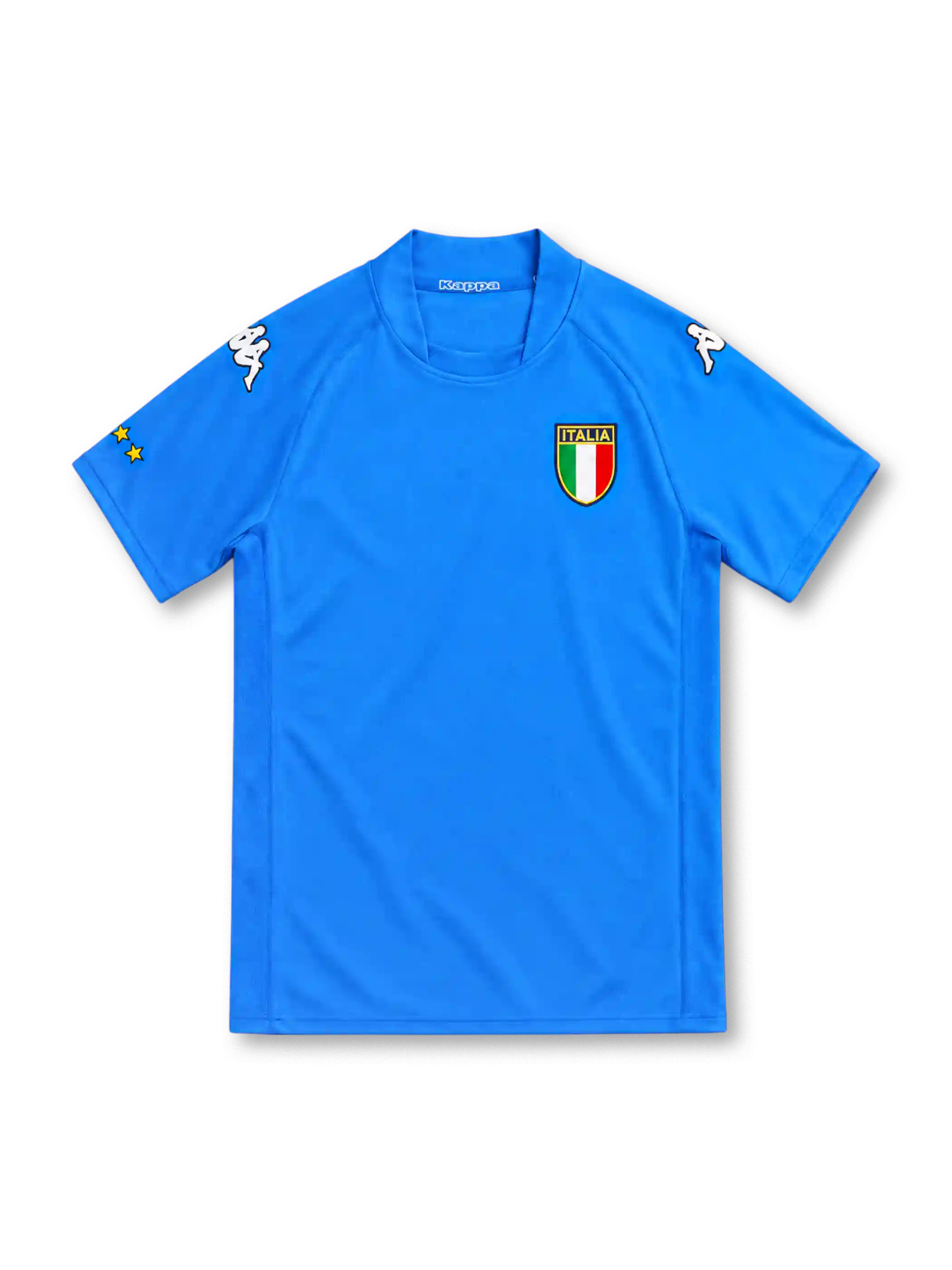 イタリア代表 2002 ホームユニフォーム アズーリブルー タイトシルエット 両肩のカッパロゴ 盾形エンブレム 日韓W杯モデル