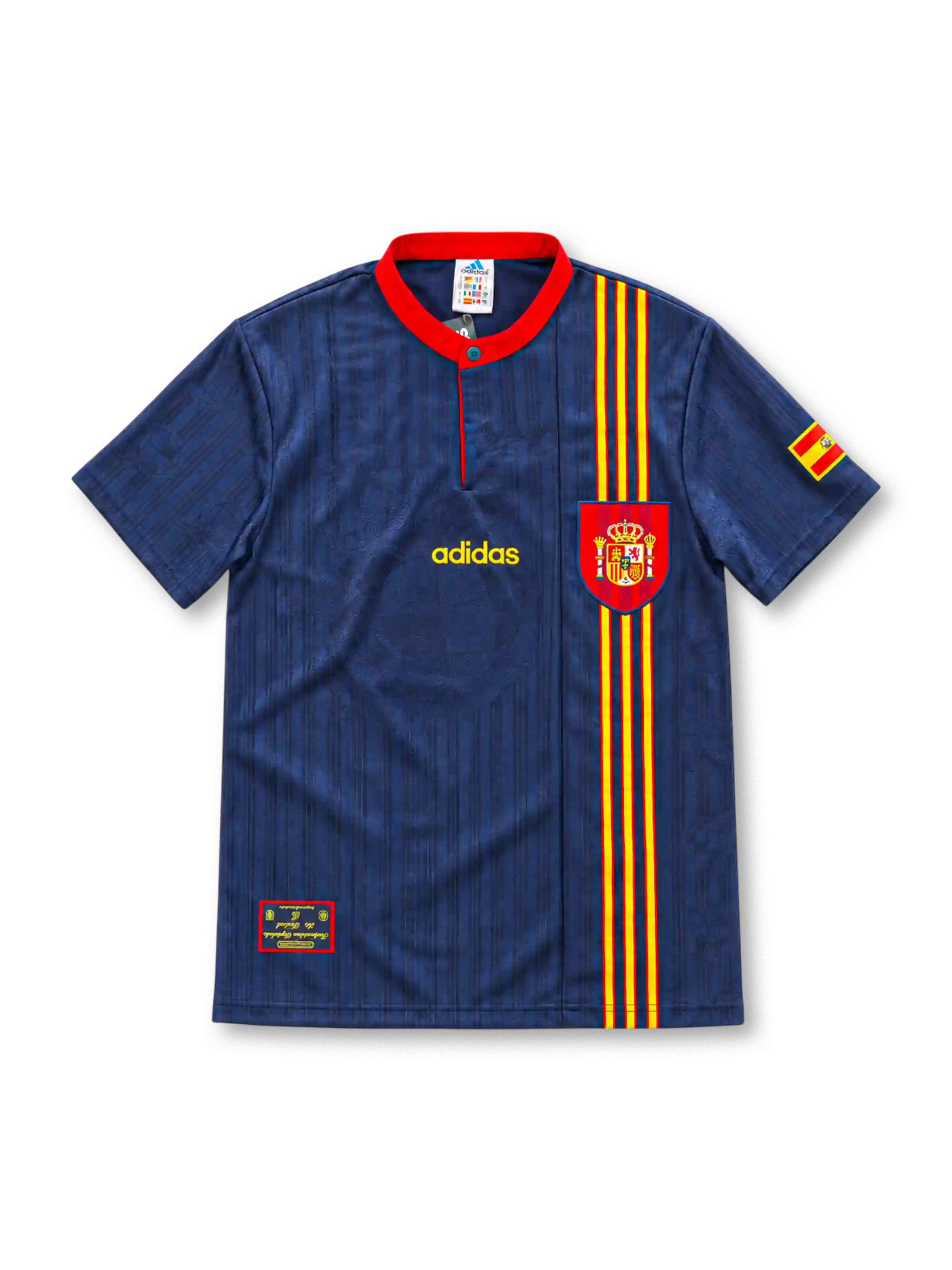 スペイン代表 1996 アウェイユニフォーム ネイビー 国旗カラーの縦ライン 赤のスタンドカラー アディダス製 ユーロ1996時代