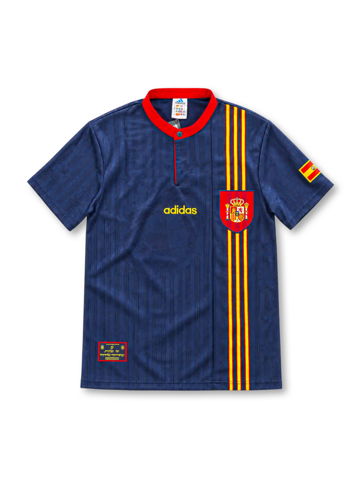 スペイン代表 1996 アウェイユニフォーム ネイビー 国旗カラーの縦ライン 赤のスタンドカラー アディダス製 ユーロ1996時代