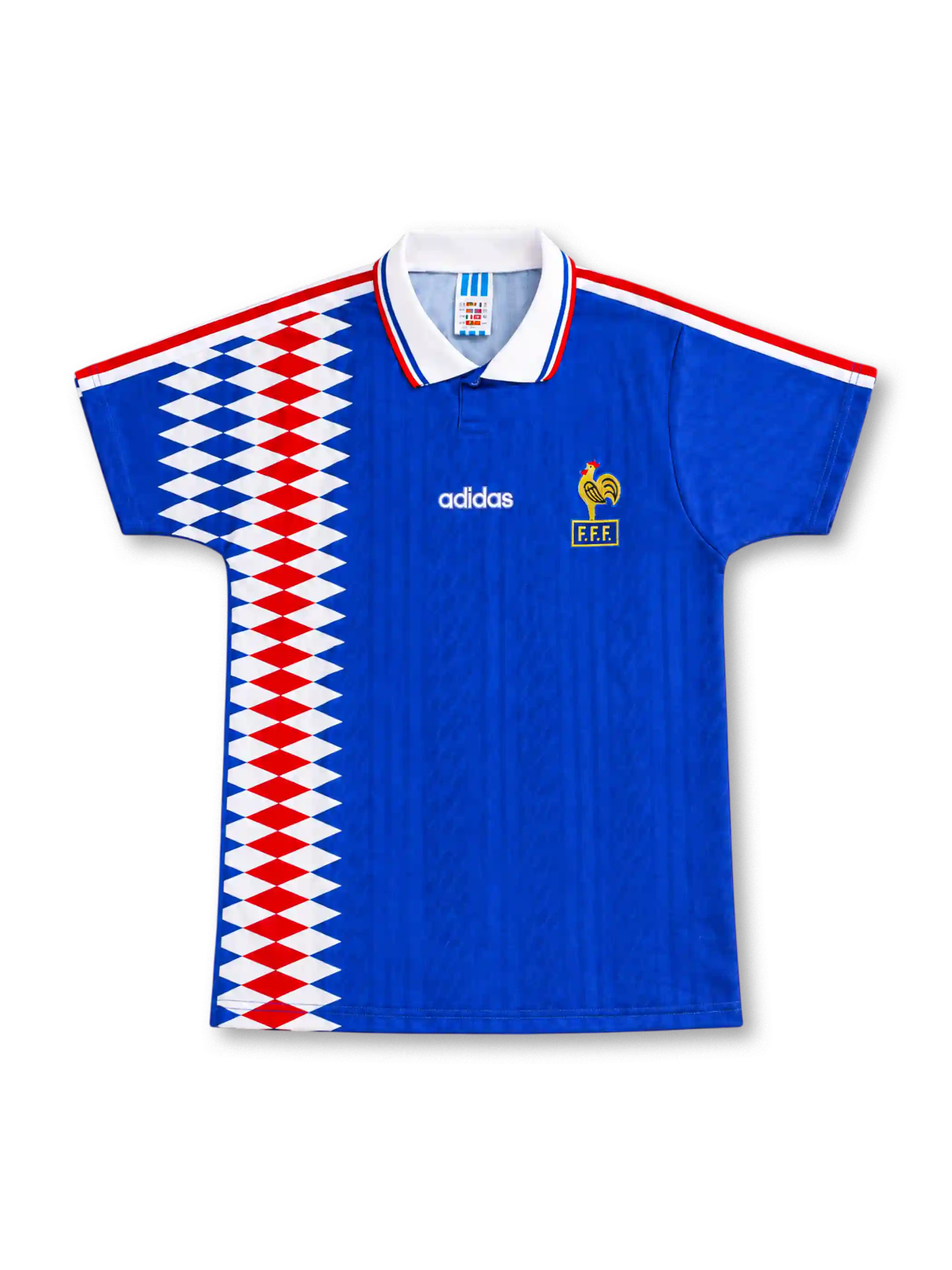 1994 フランス代表 ホーム adidas製 青地の左側に赤白青の菱形パターンが入ったレトロサッカーユニフォーム