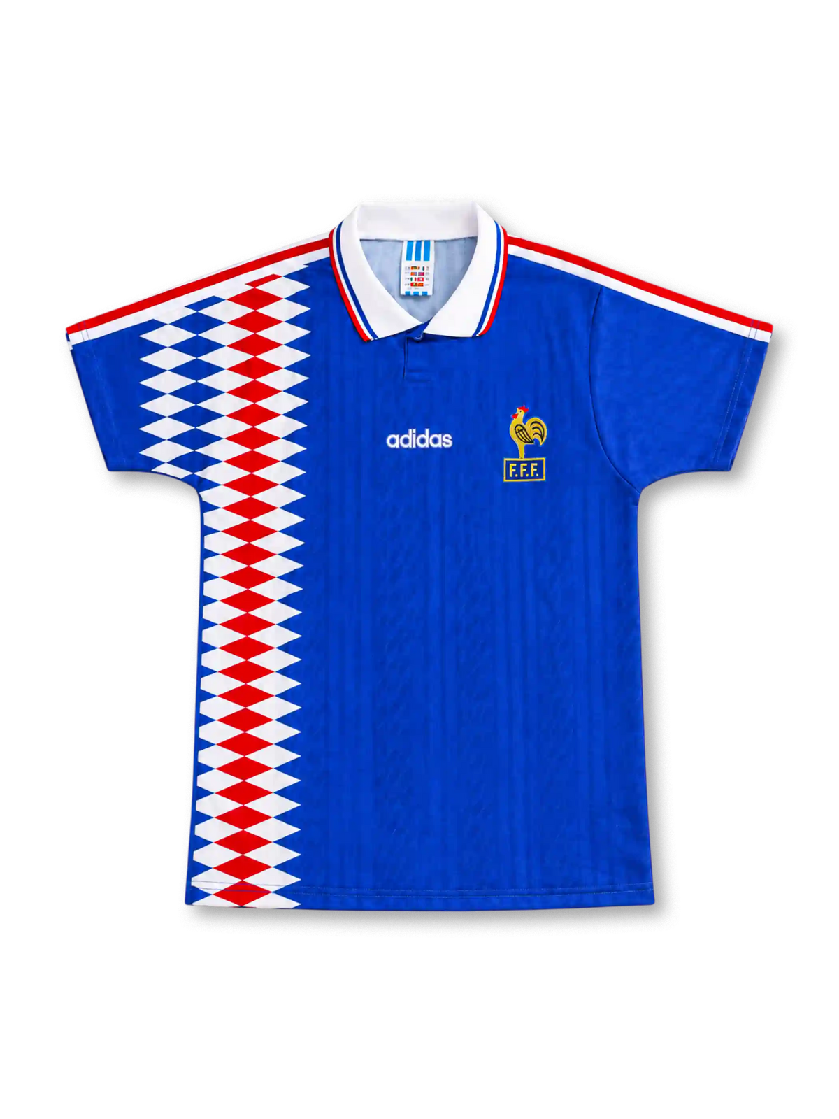 1994 フランス代表 ホーム adidas製 青地の左側に赤白青の菱形パターンが入ったレトロサッカーユニフォーム