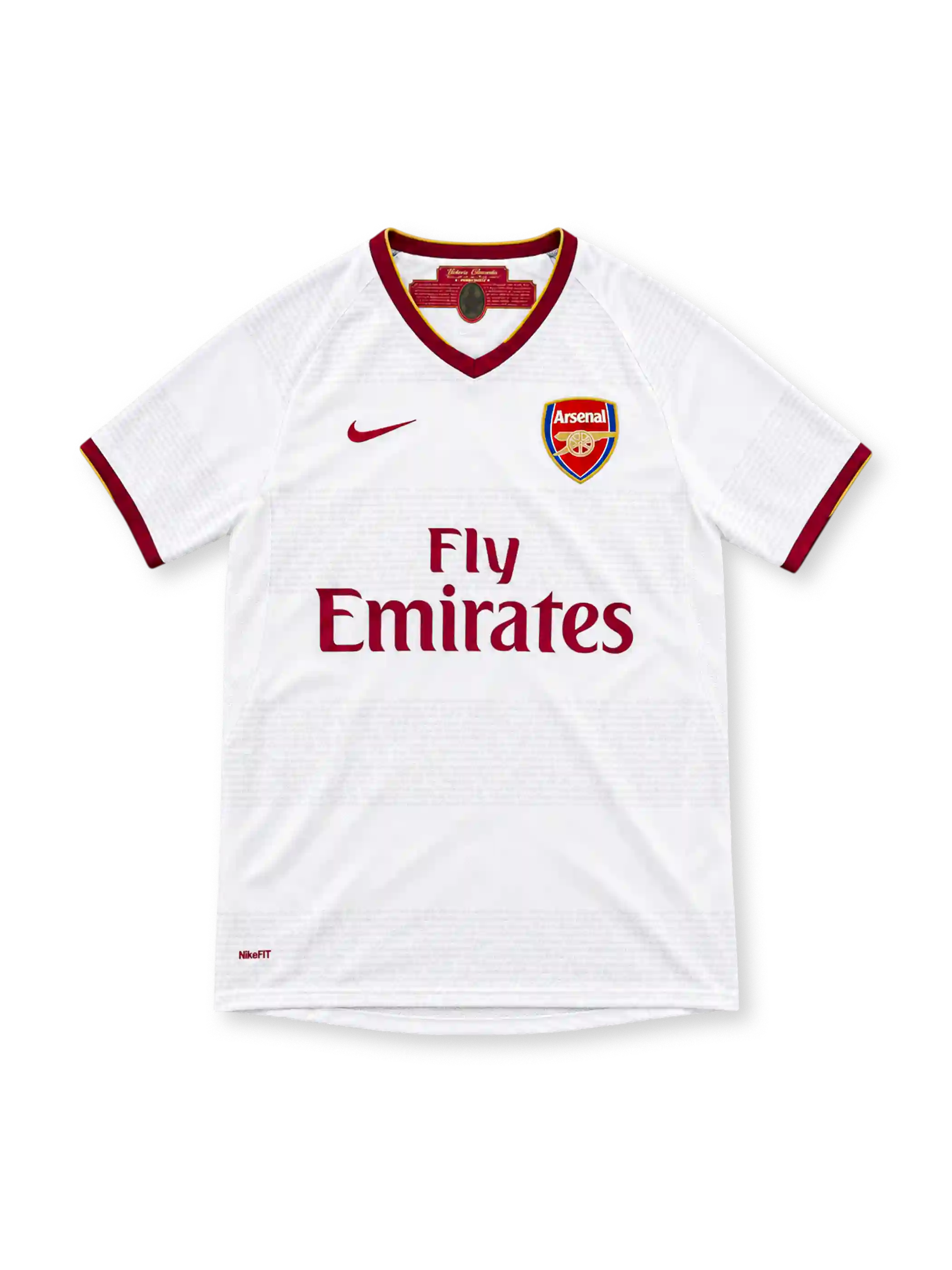 07/08 アーセナル アウェイ Nike製 えんじのVネックとFly Emiratesロゴが入った白いレトロサッカーユニフォーム