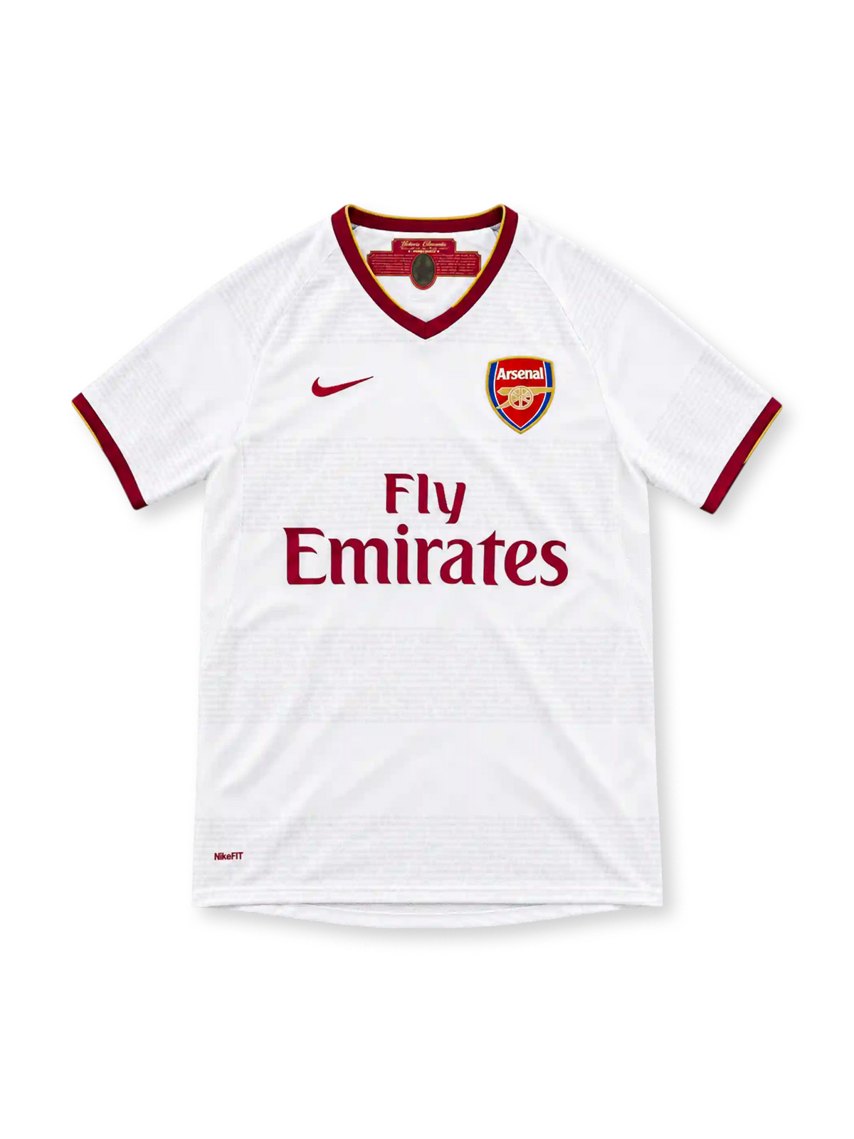 07/08 アーセナル アウェイ Nike製 えんじのVネックとFly Emiratesロゴが入った白いレトロサッカーユニフォーム