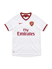 07/08 アーセナル アウェイ Nike製 えんじのVネックとFly Emiratesロゴが入った白いレトロサッカーユニフォーム