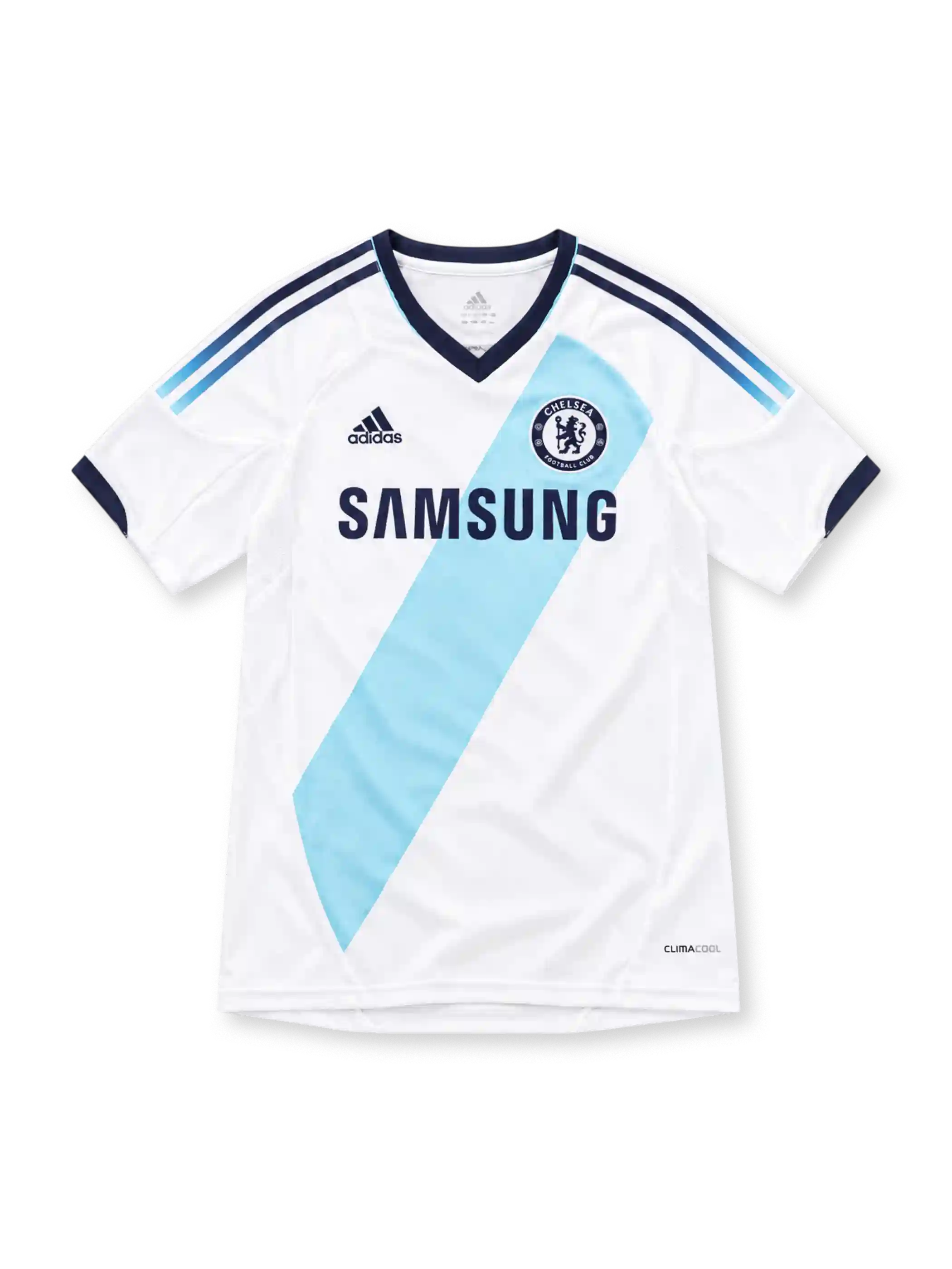 チェルシー 2012/13 アウェイユニフォーム ホワイト スカイブルーのサッシュ ネイビーのVネック アディダス製 SAMSUNGスポンサー