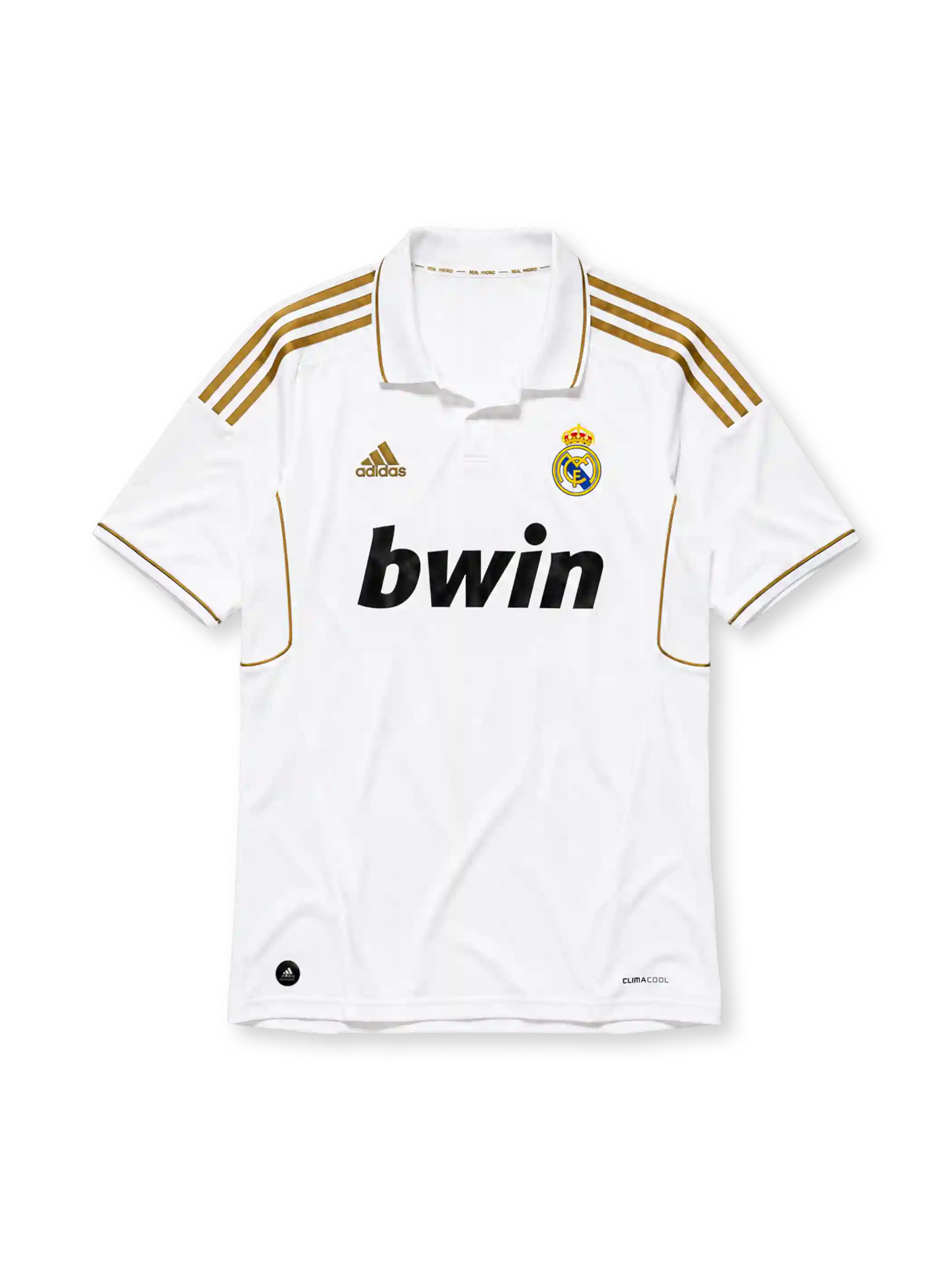 ホワイトベースにゴールドのスリーストライプ、REAL MADRIDロゴ入りのポロ襟、左胸のadidasロゴ、右胸のレアル・マドリードクラブエンブレム、中央の黒いbwinスポンサーロゴを備えたレアル・マドリード2011/12ホームジャージ正面