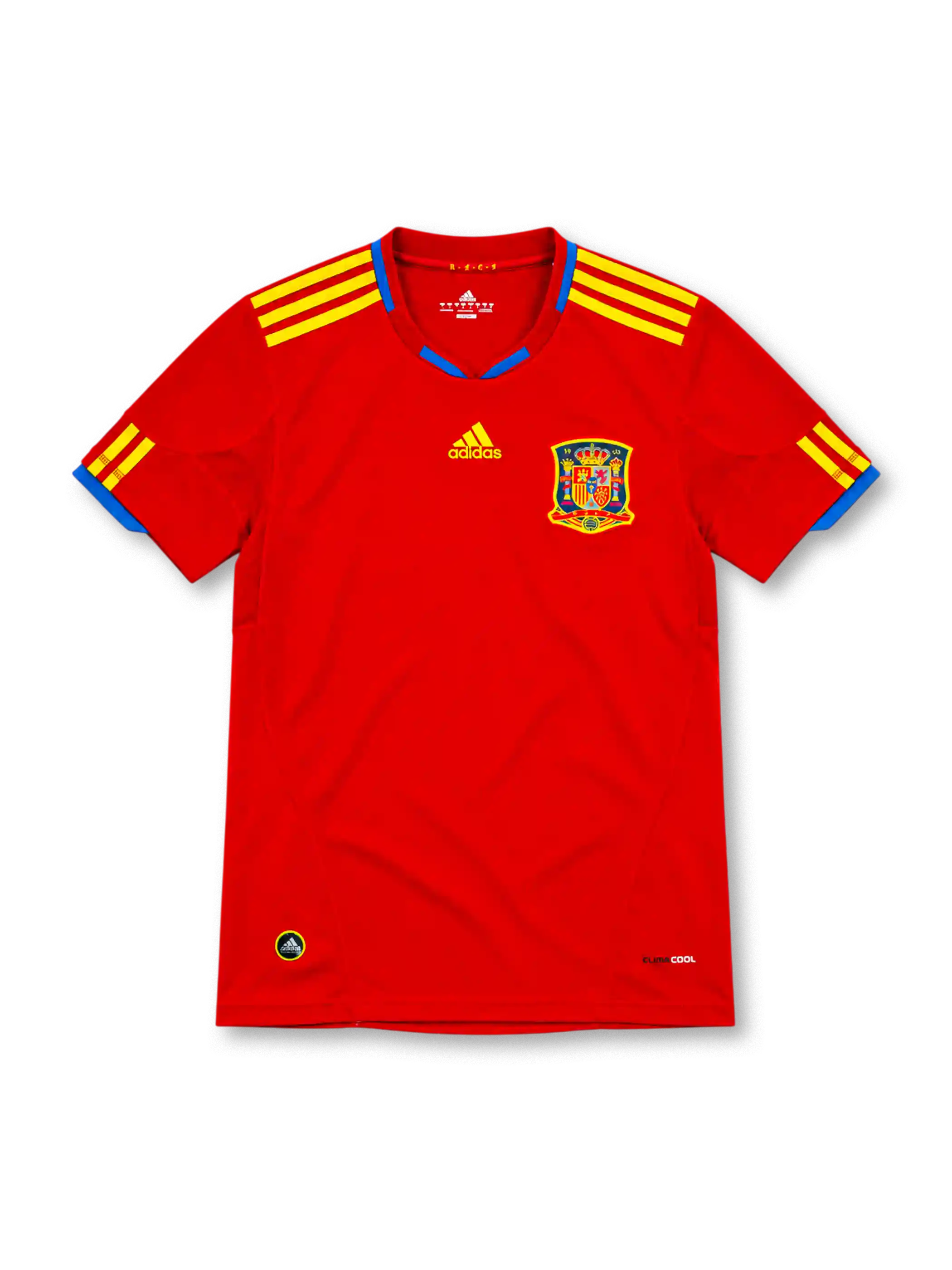 スペイン代表 2010 ホームユニフォーム レッド 黄色のスリーストライプ 青の襟元 アディダス製 南アフリカW杯モデル