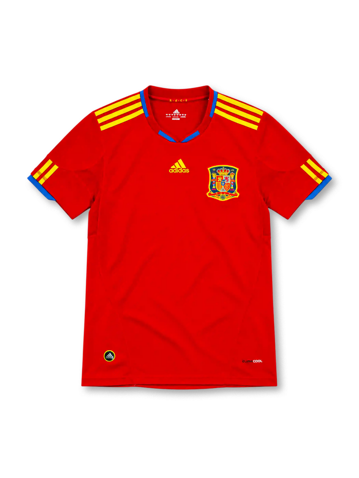 スペイン代表 2010 ホームユニフォーム レッド 黄色のスリーストライプ 青の襟元 アディダス製 南アフリカW杯モデル