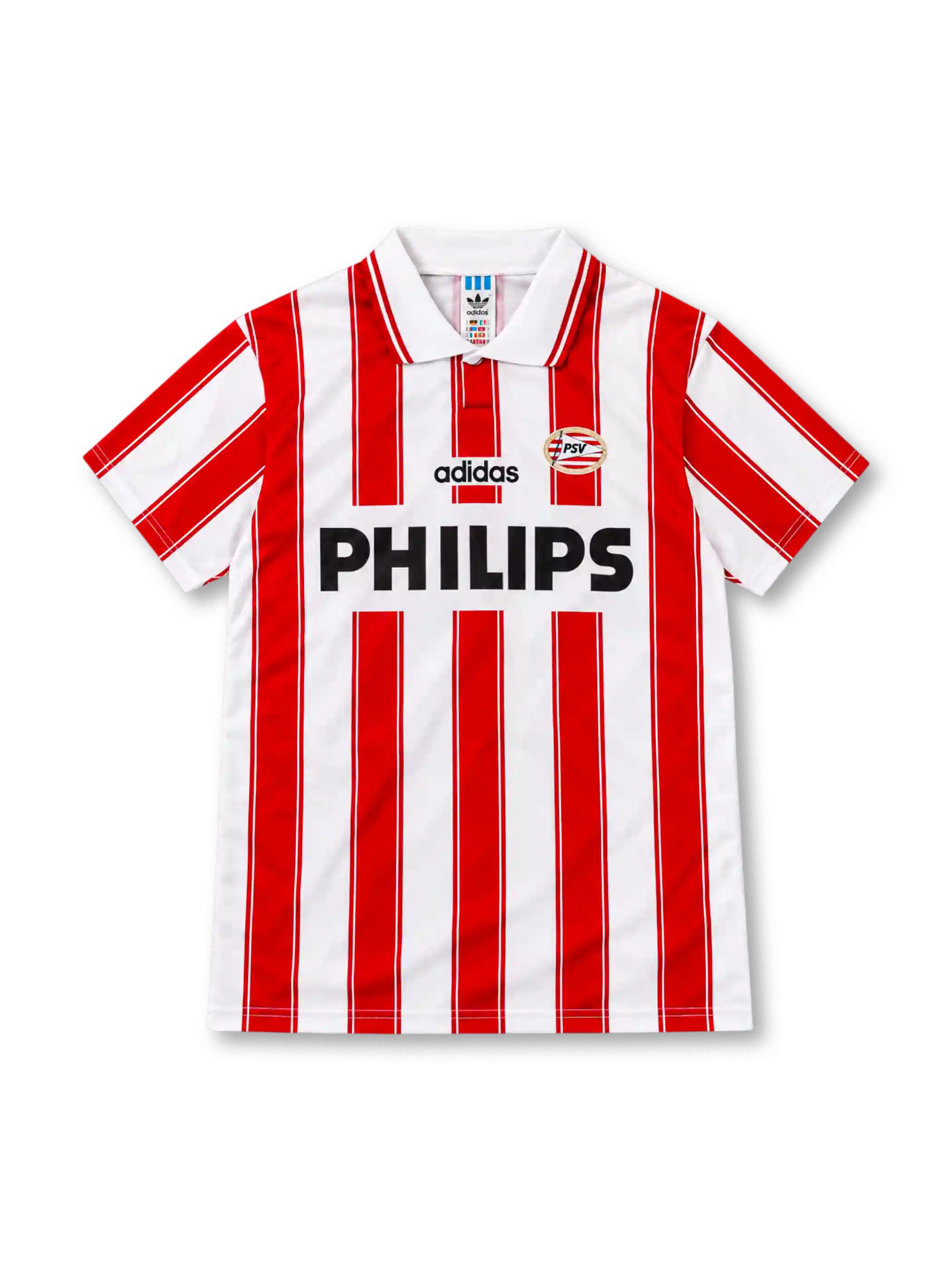 PSV 1994/95 ホームユニフォーム 赤と白の縦縞 ピンストライプ 白のポロ襟 アディダス製 PHILIPSスポンサー