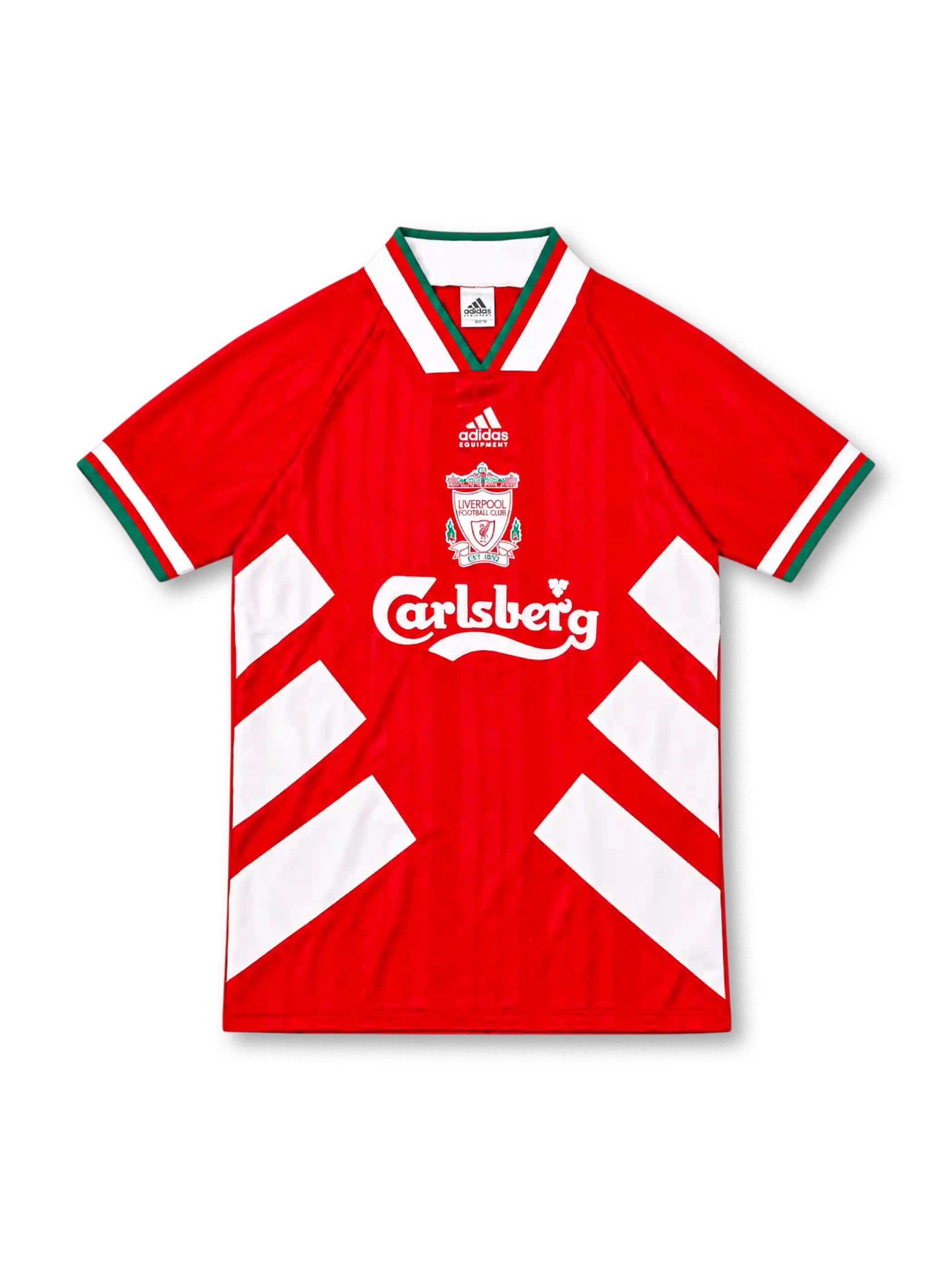 93/95 リバプール ホーム adidas製 白い斜め帯とCarlsbergロゴが入った赤いレトロサッカーユニフォーム