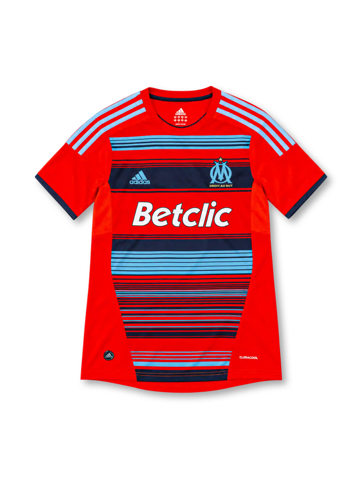 11/12 マルセイユ サード adidas製 スカイブルーとネイビーの横ラインとBetclicロゴが入った赤いレトロサッカーユニフォーム