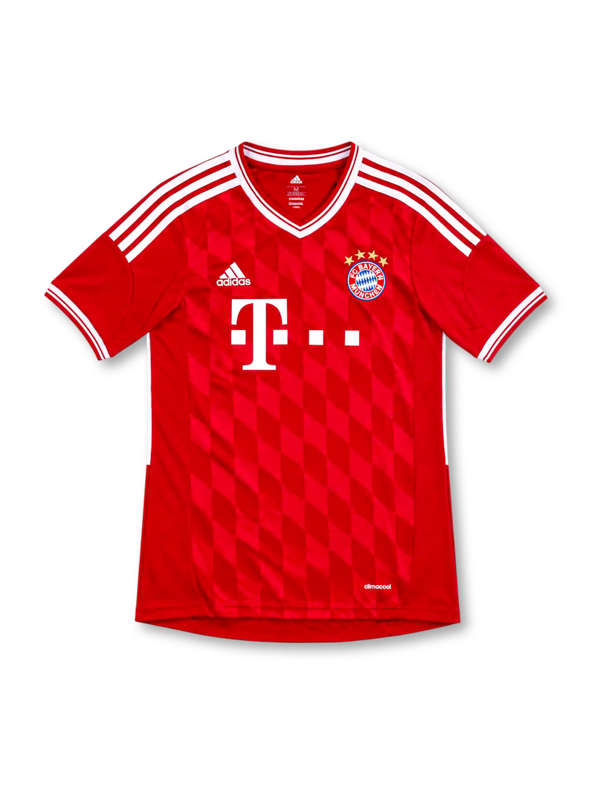 バイエルン・ミュンヘン 2013/14 ホームユニフォーム。レッドのボディに白のスリーストライプ、クラブエンブレム、adidasロゴ、T-Mobileスポンサー、ダイヤ柄を配したデザイン。