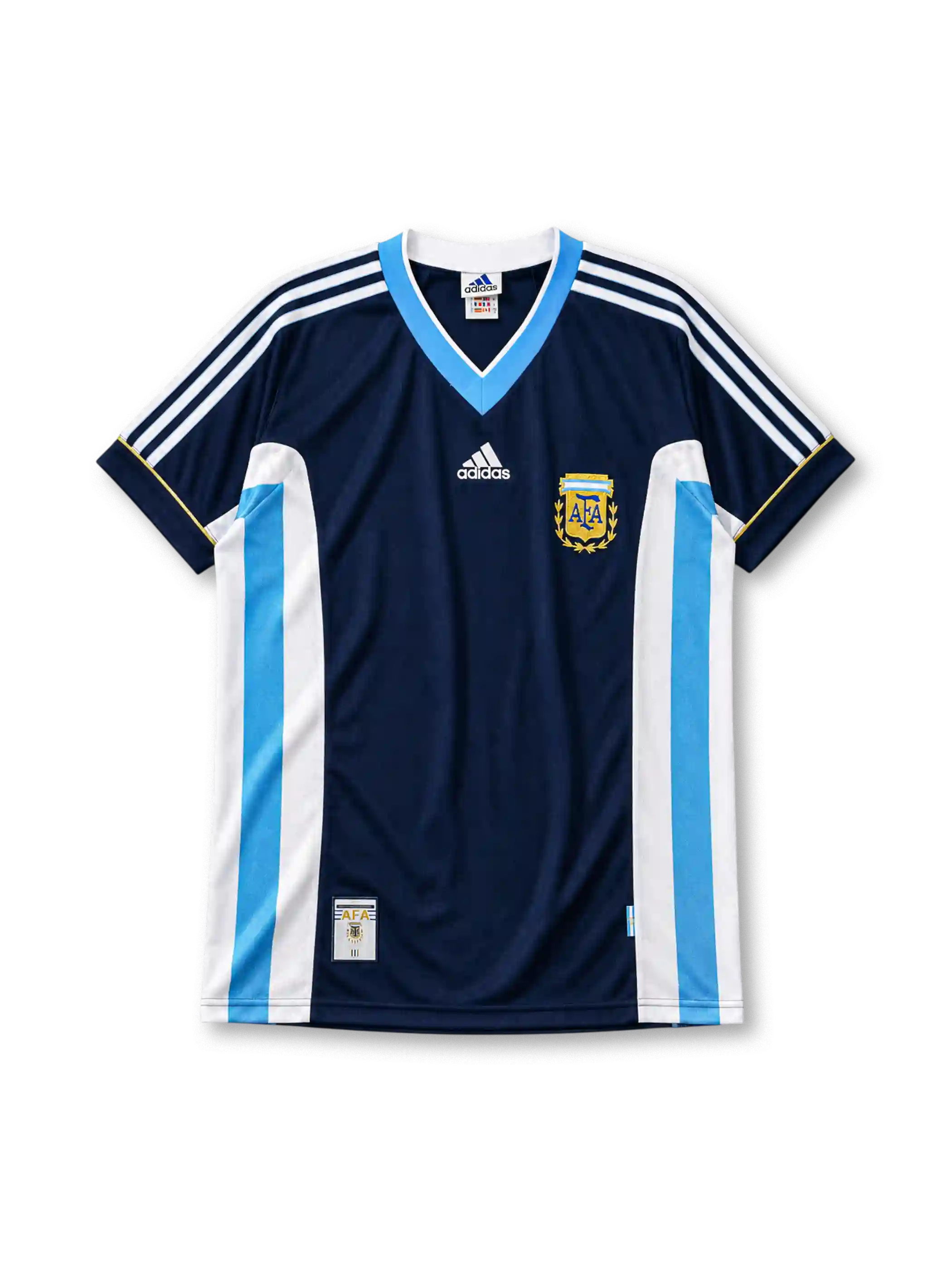 ネイビーベースに白と水色の縦パネル、水色地のVネック襟、左胸のadidasロゴ、右胸のAFAクラブエンブレムを備えたアルゼンチン代表1998アウェイジャージ正面
