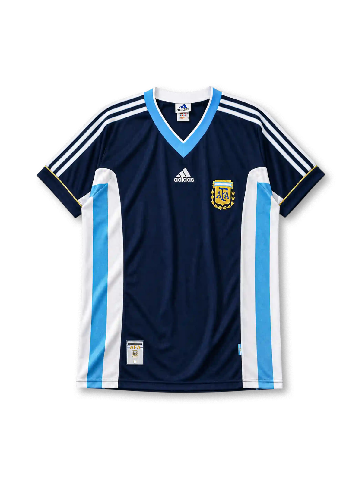 ネイビーベースに白と水色の縦パネル、水色地のVネック襟、左胸のadidasロゴ、右胸のAFAクラブエンブレムを備えたアルゼンチン代表1998アウェイジャージ正面