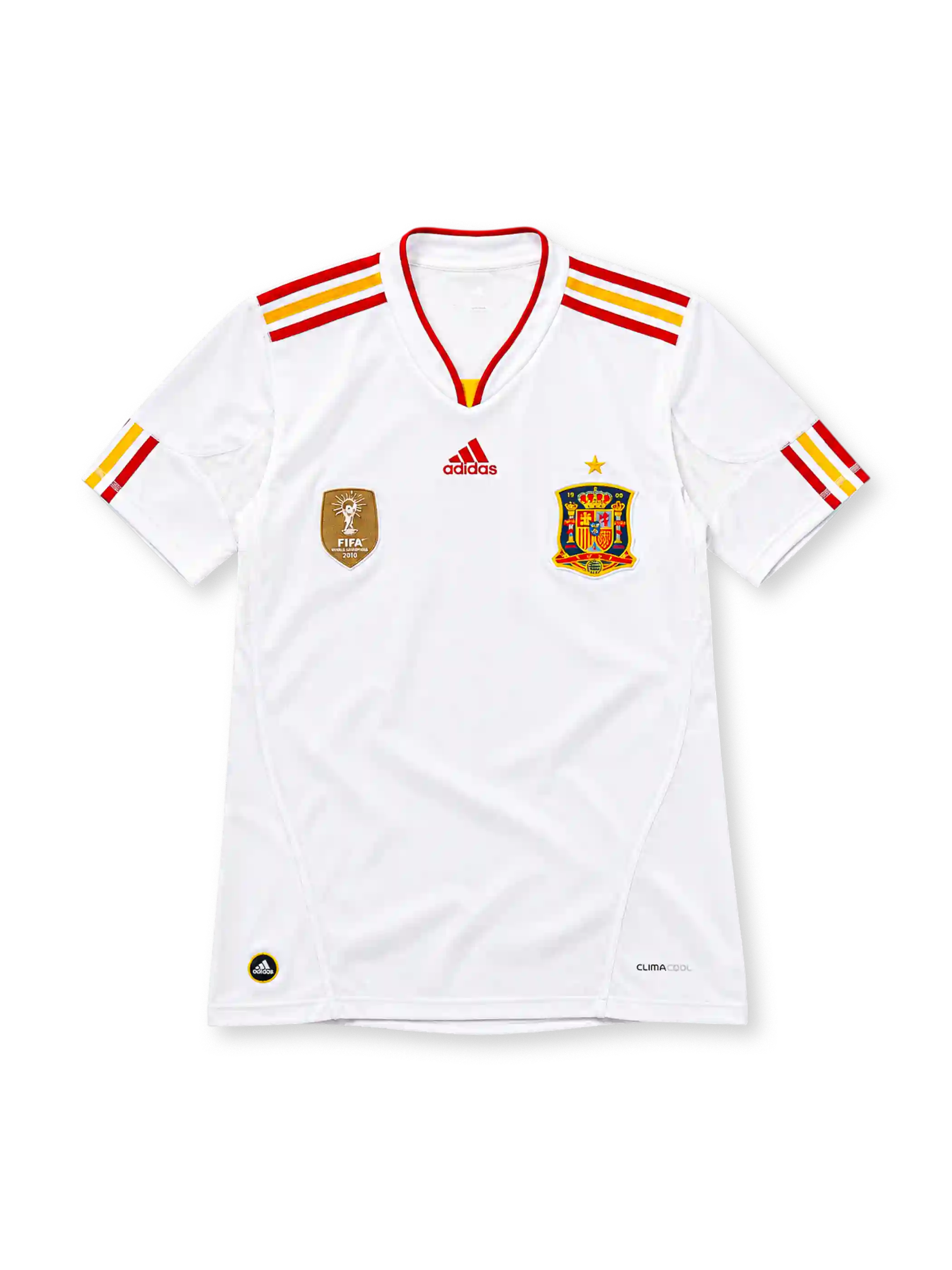 スペイン代表 2010/12 アウェイユニフォーム ホワイト 赤と黄色のスリーストライプ 金色の星 FIFAワールドチャンピオンバッジ アディダス製