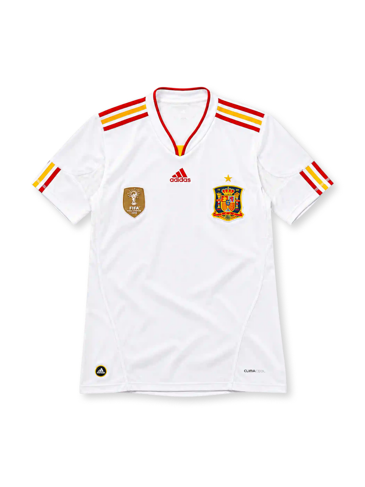 スペイン代表 2010/12 アウェイユニフォーム ホワイト 赤と黄色のスリーストライプ 金色の星 FIFAワールドチャンピオンバッジ アディダス製