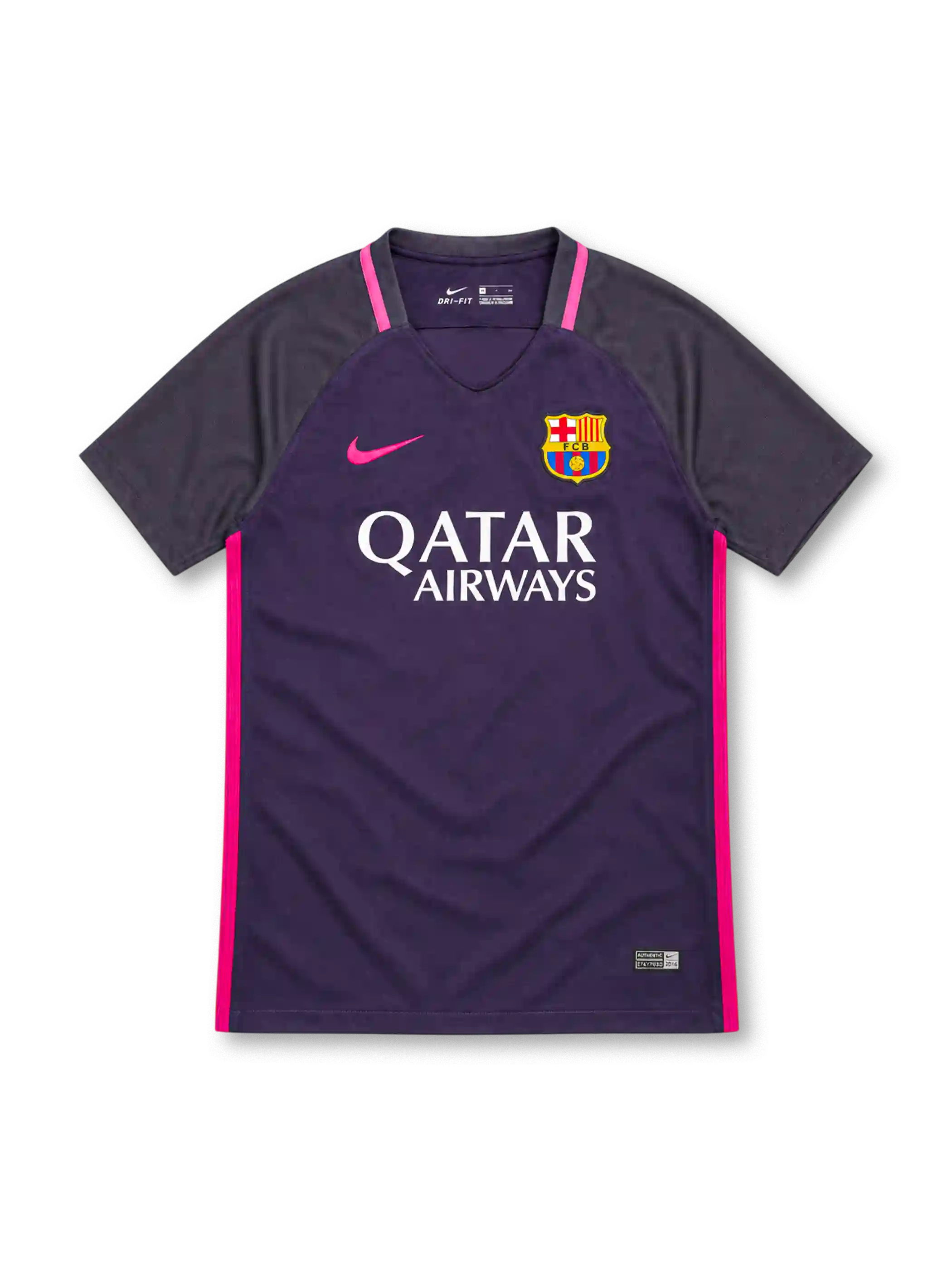 FCバルセロナ 2016/17 アウェイユニフォーム パープル ダークグレーの袖 ピンクのサイドライン ナイキ製 QATAR AIRWAYSスポンサー