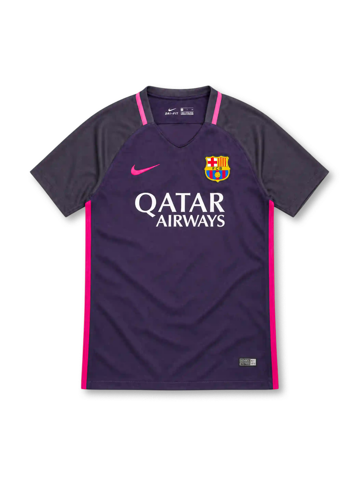 FCバルセロナ 2016/17 アウェイユニフォーム パープル ダークグレーの袖 ピンクのサイドライン ナイキ製 QATAR AIRWAYSスポンサー