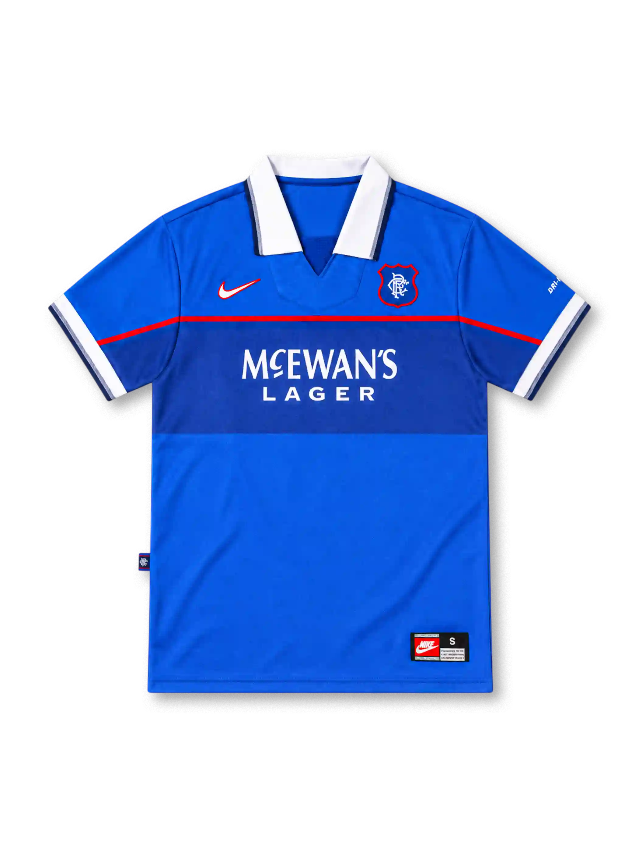 レンジャーズ 1997/99 ホームユニフォーム ロイヤルブルー 濃いブルーの胸帯 白のポロ襟 ナイキ製 McEWAN'S LAGERスポンサー