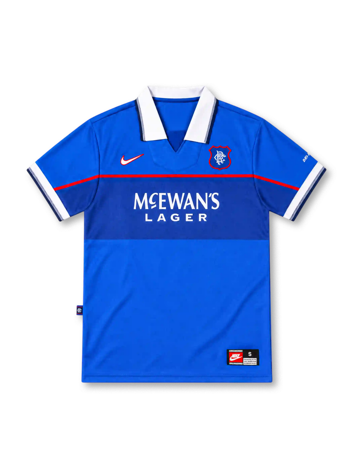 レンジャーズ 1997/99 ホームユニフォーム ロイヤルブルー 濃いブルーの胸帯 白のポロ襟 ナイキ製 McEWAN'S LAGERスポンサー