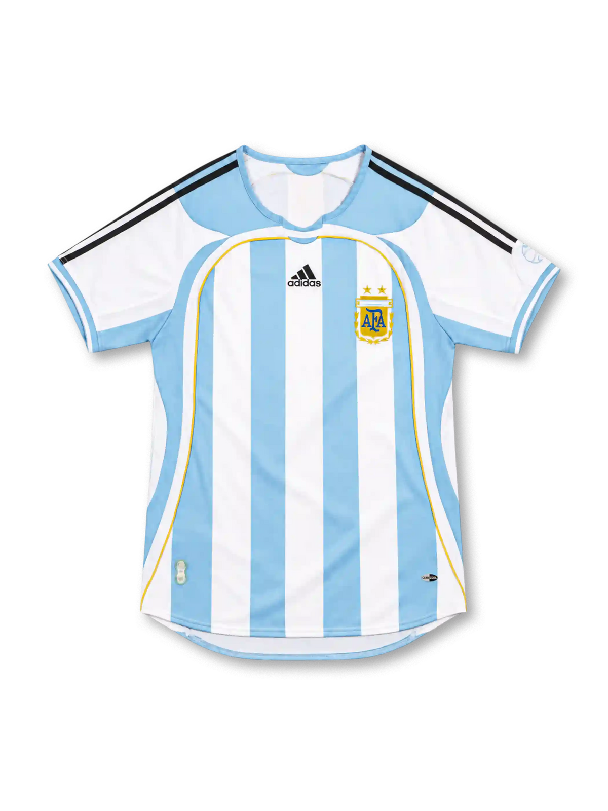アルゼンチン代表 2006 ホームユニフォーム 水色と白の縦縞 金色のパイピング 黒のスリーストライプ アディダス製 ドイツW杯モデル