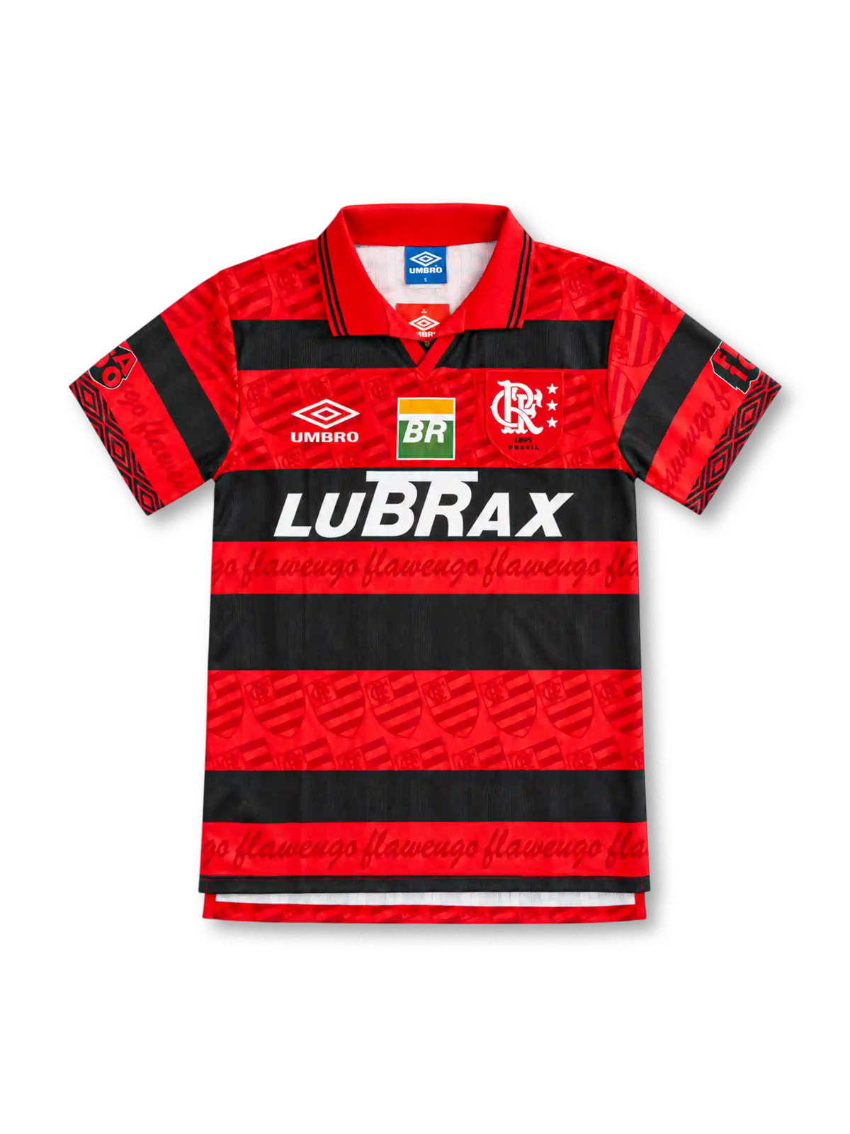 フラメンゴ 1995 ホームユニフォーム 赤と黒のフープ エンブレムの透かし柄 アンブロ製 LUBRAXスポンサー