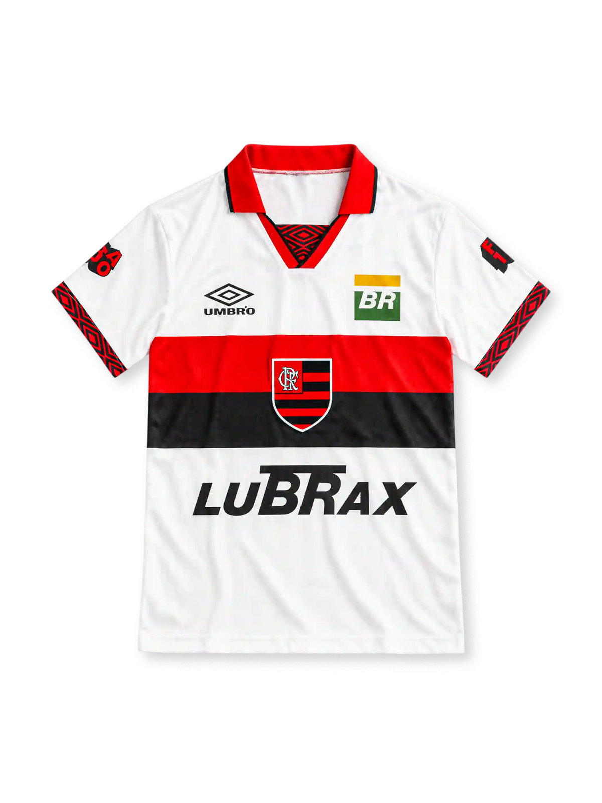 フラメンゴ 1995 アウェイユニフォーム ホワイト 赤と黒の胸帯 盾形エンブレム アンブロ製 LUBRAXスポンサー