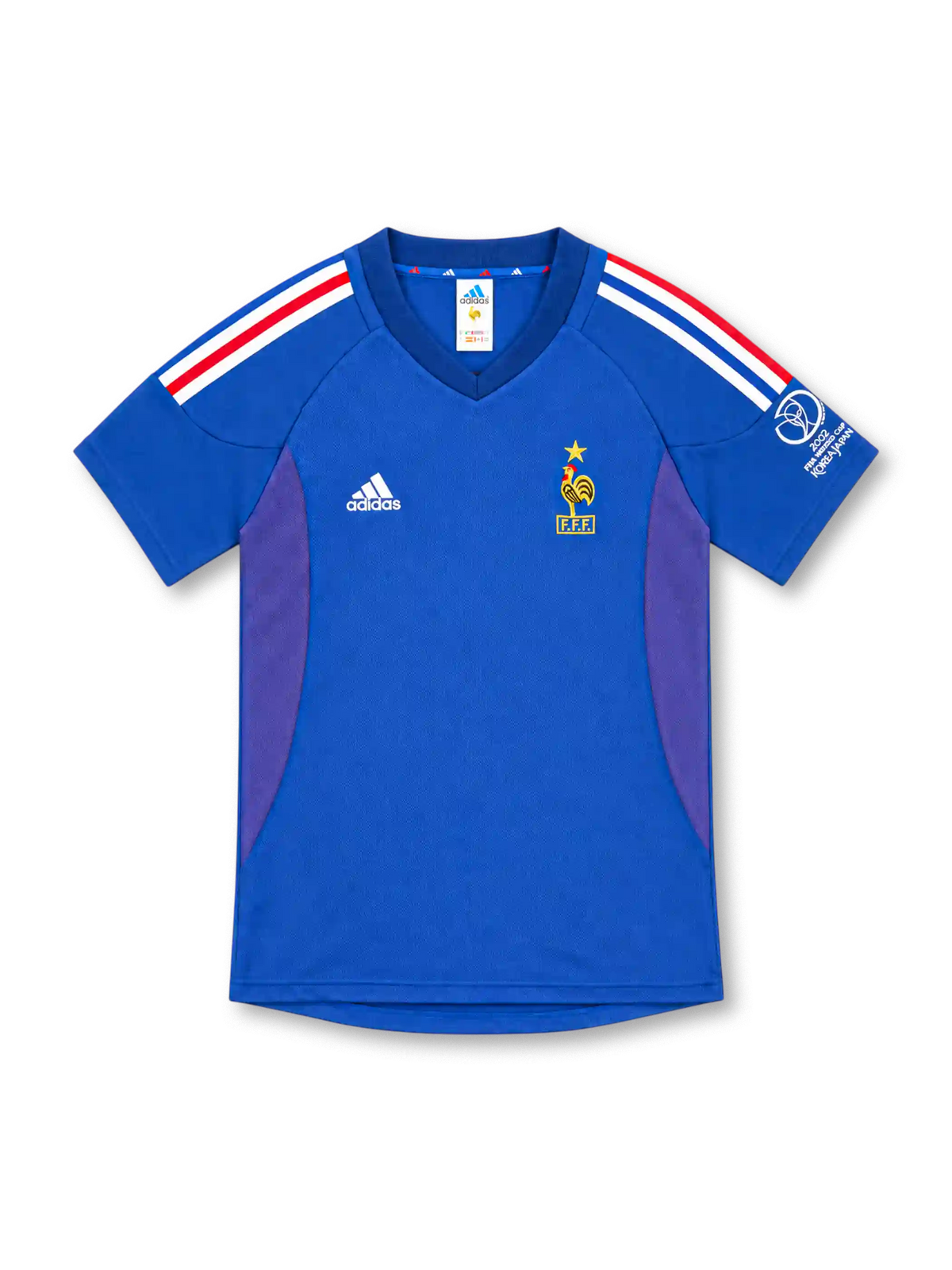 2002 フランス代表 ホーム adidas製 赤白青の肩ラインとW杯パッチが入った青いレトロサッカーユニフォーム