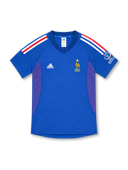 2002 フランス代表 ホーム adidas製 赤白青の肩ラインとW杯パッチが入った青いレトロサッカーユニフォーム