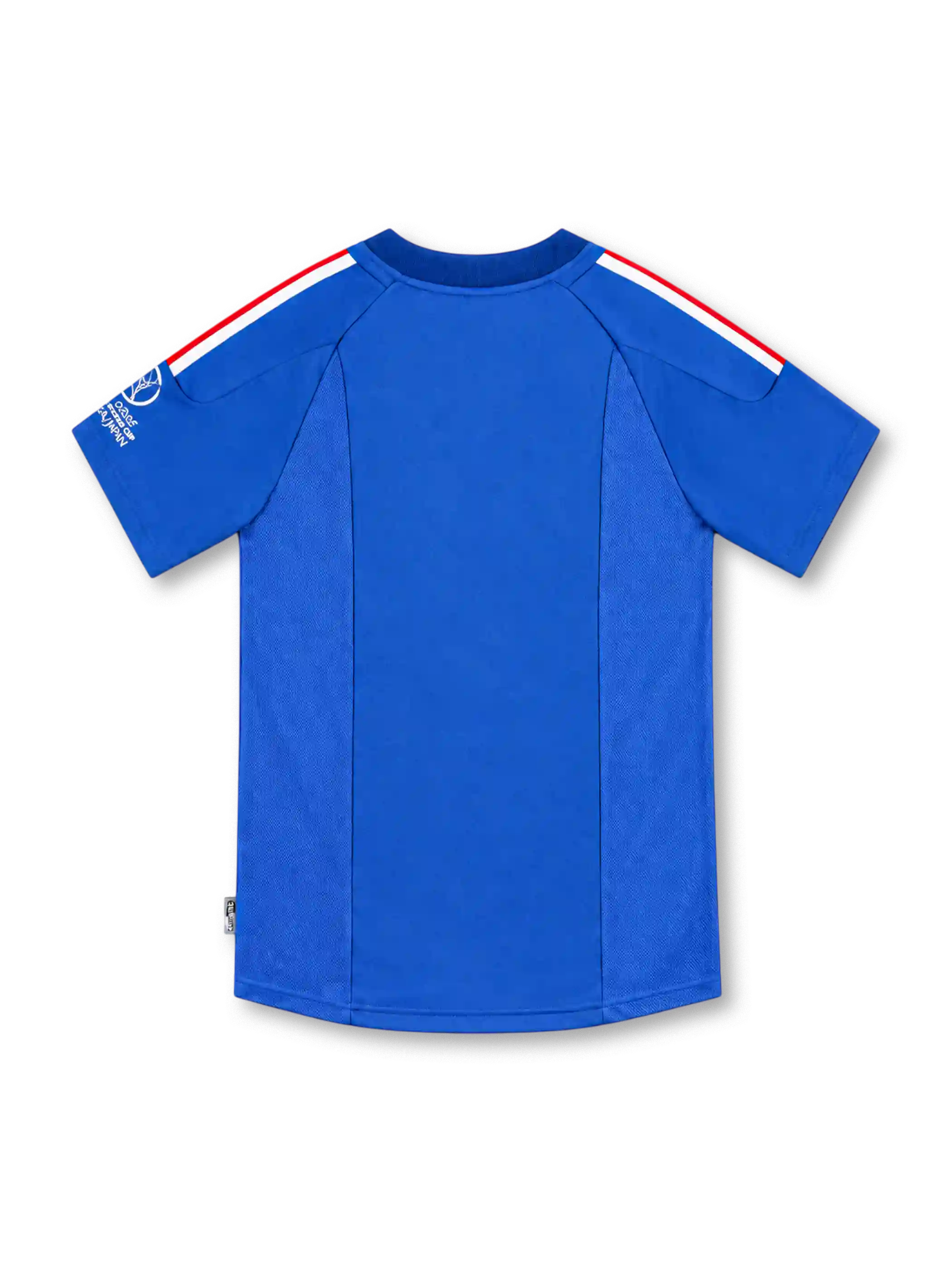 2002 フランス代表 ホーム adidas製 赤白青の肩ラインとW杯パッチが入った青いレトロサッカーユニフォーム