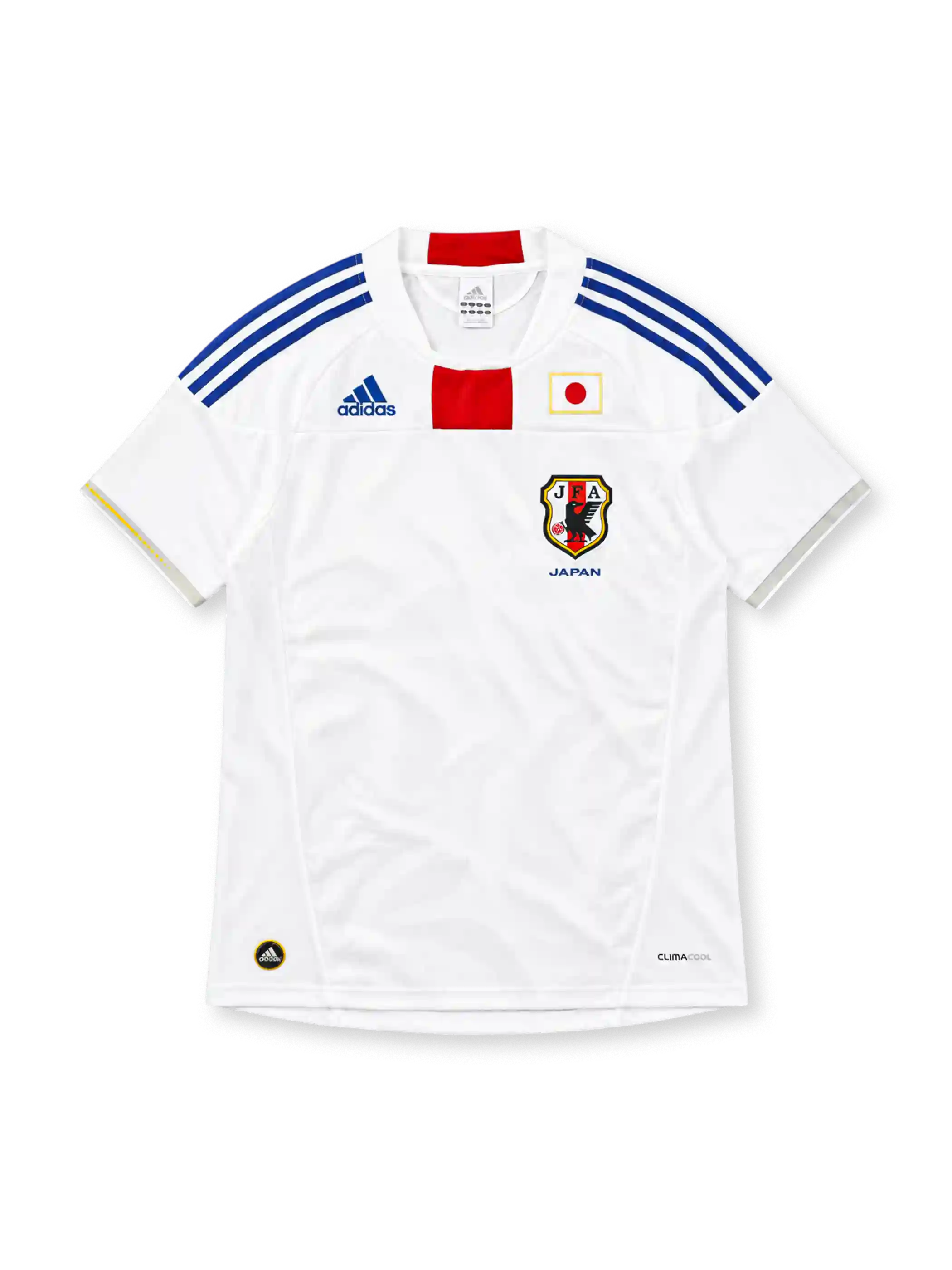 2010 日本代表 アウェイ adidas製 青の3本ラインと首元の赤いパネルが入った白いレトロサッカーユニフォーム