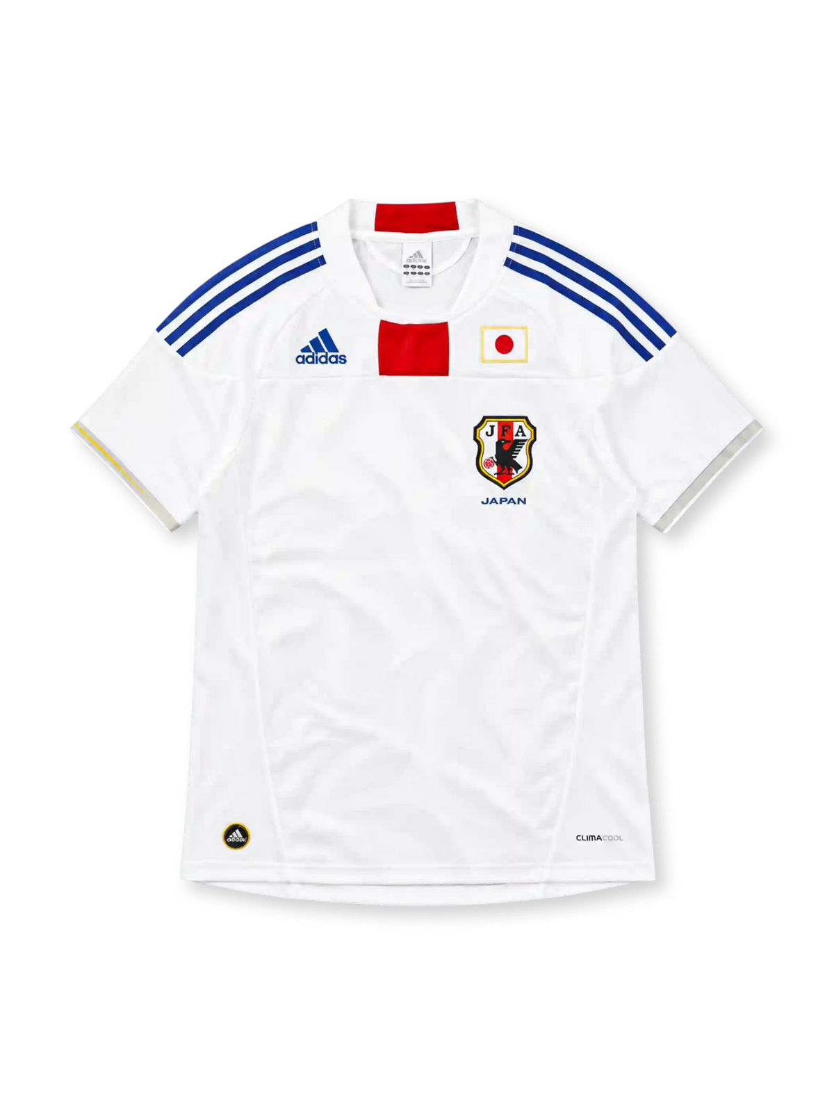 2010 日本代表 アウェイ adidas製 青の3本ラインと首元の赤いパネルが入った白いレトロサッカーユニフォーム
