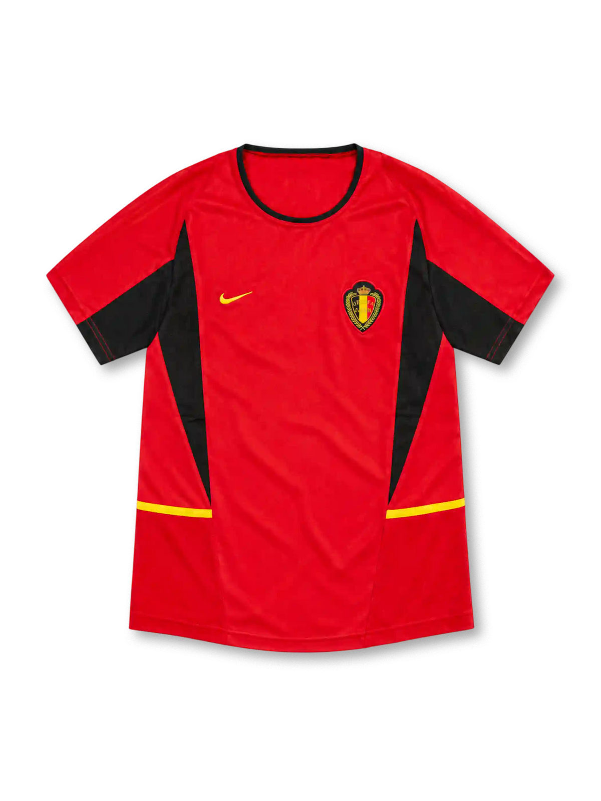 2002 ベルギー代表 ホーム Nike製 黒いサイドパネルと黄色のラインが入った赤いレトロサッカーユニフォーム