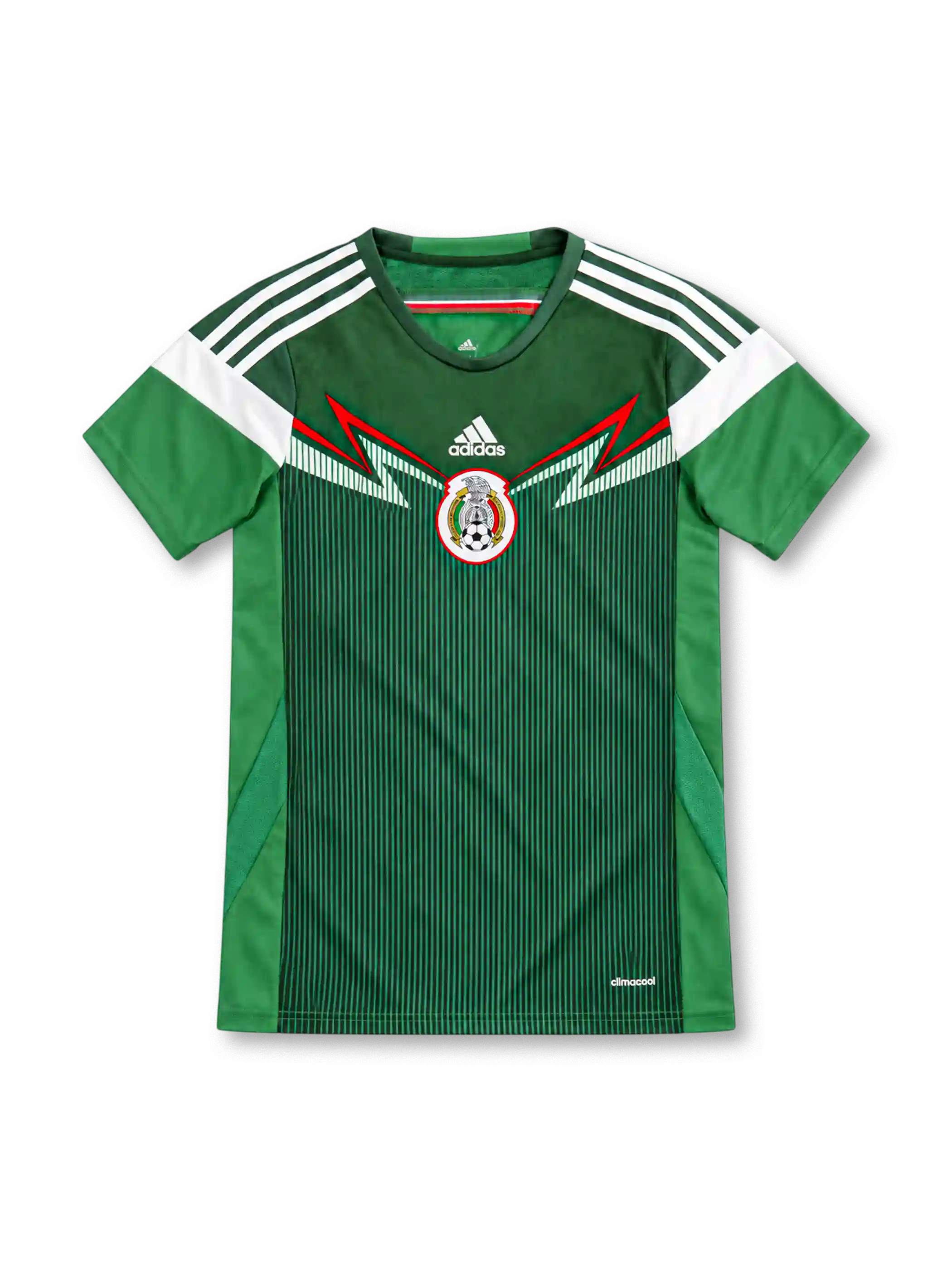 2014 メキシコ代表 ホーム adidas製 赤い稲妻状のラインと縦ピンストライプが入った緑のレトロサッカーユニフォーム