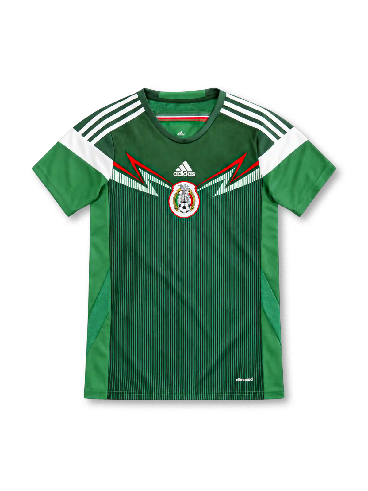 2014 メキシコ代表 ホーム adidas製 赤い稲妻状のラインと縦ピンストライプが入った緑のレトロサッカーユニフォーム