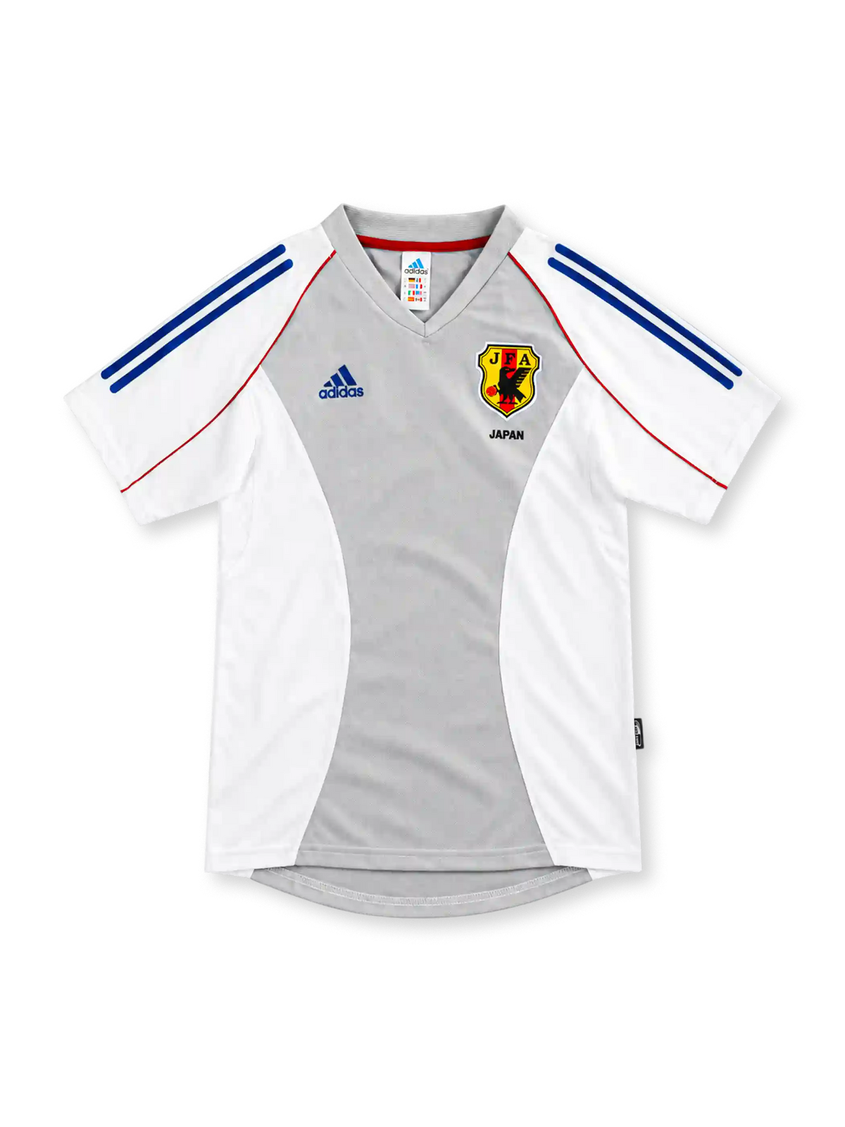 2002 日本代表 アウェイ adidas製 白とライトグレーの切り替えと青い肩ラインが入ったレトロサッカーユニフォーム
