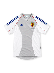 2002 日本代表 アウェイ adidas製 白とライトグレーの切り替えと青い肩ラインが入ったレトロサッカーユニフォーム