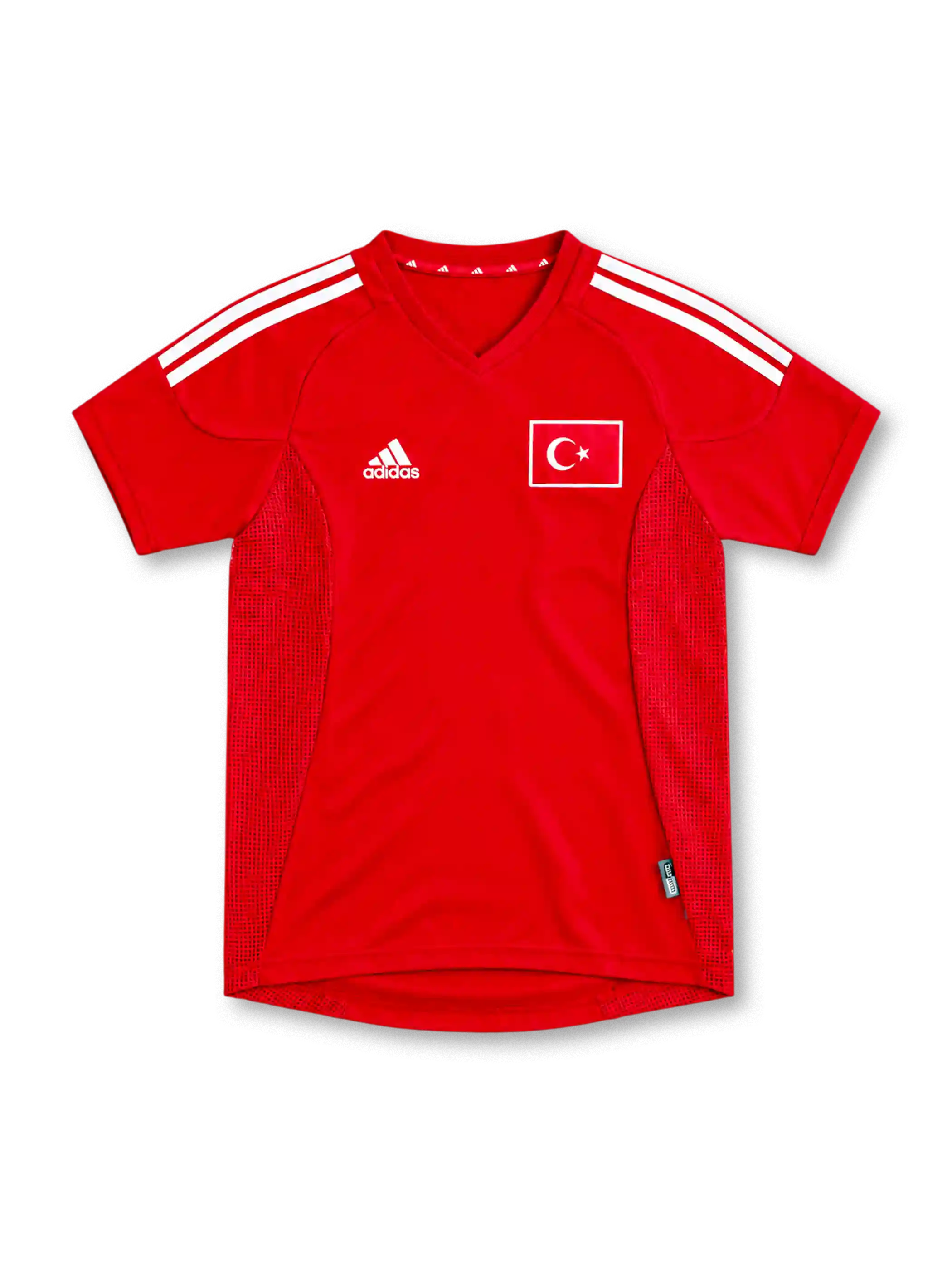 2002 トルコ代表 ホーム adidas製 白い3本ラインと国旗パッチが入った赤いレトロサッカーユニフォーム