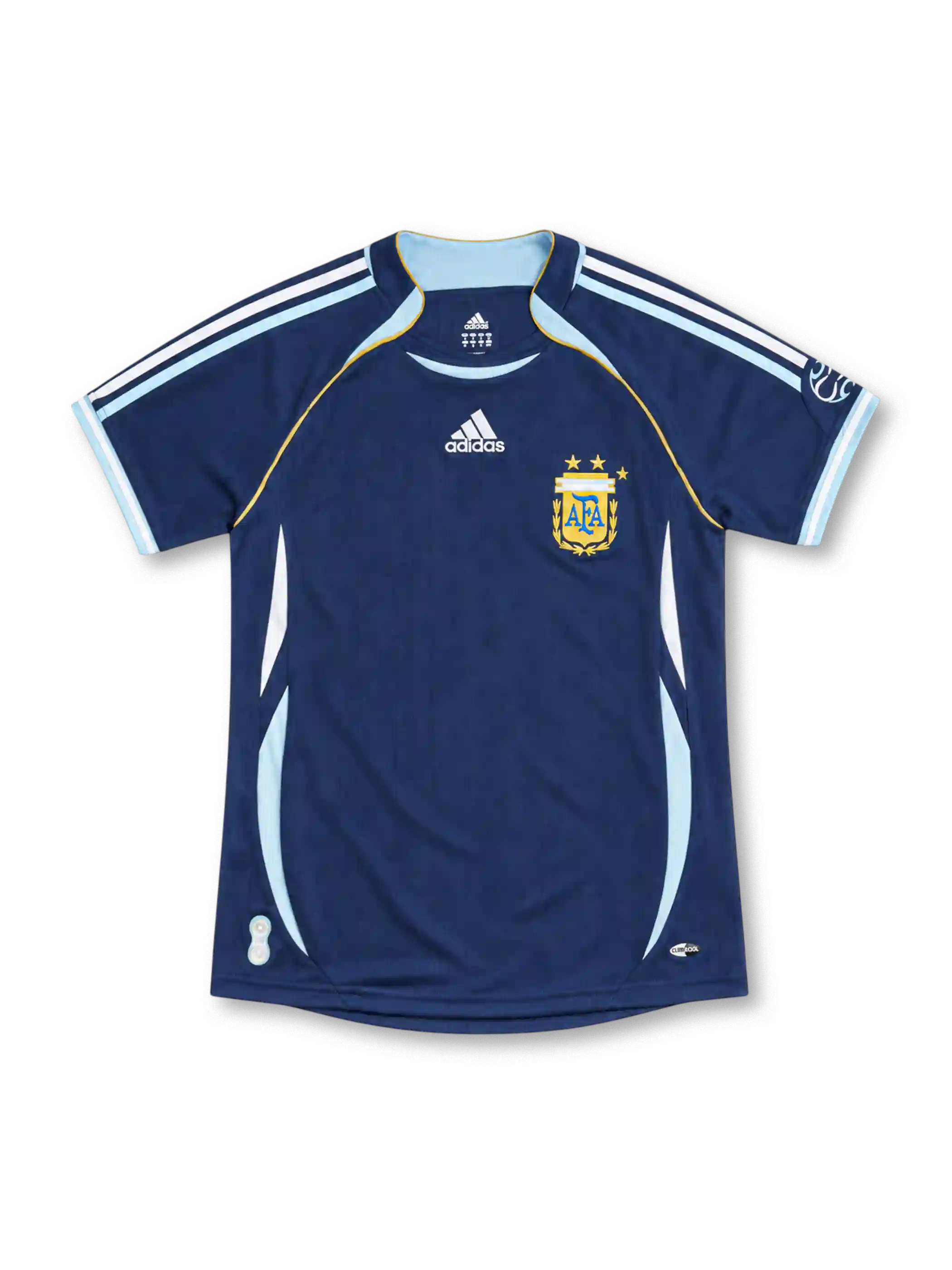 2006 アルゼンチン代表 アウェイ adidas製 水色のパネルと金色のパイピングが入ったネイビーのレトロサッカーユニフォーム