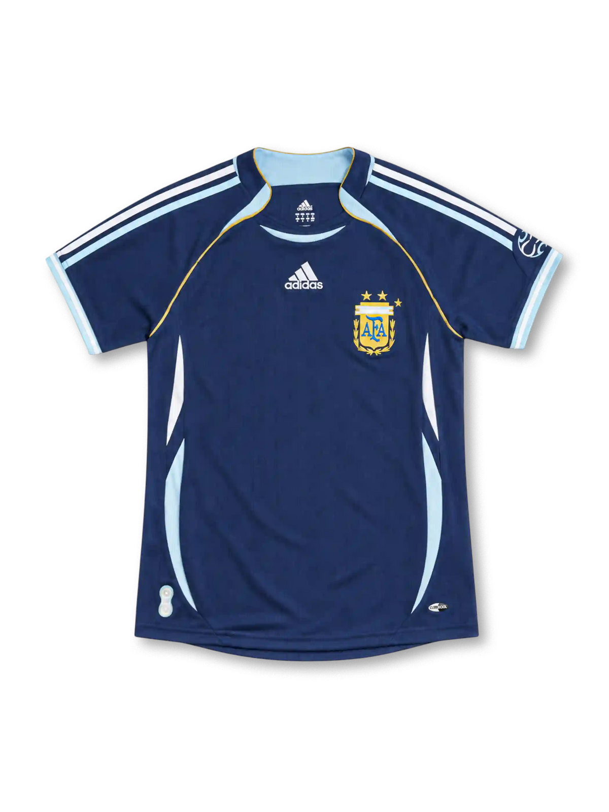 2006 アルゼンチン代表 アウェイ adidas製 水色のパネルと金色のパイピングが入ったネイビーのレトロサッカーユニフォーム