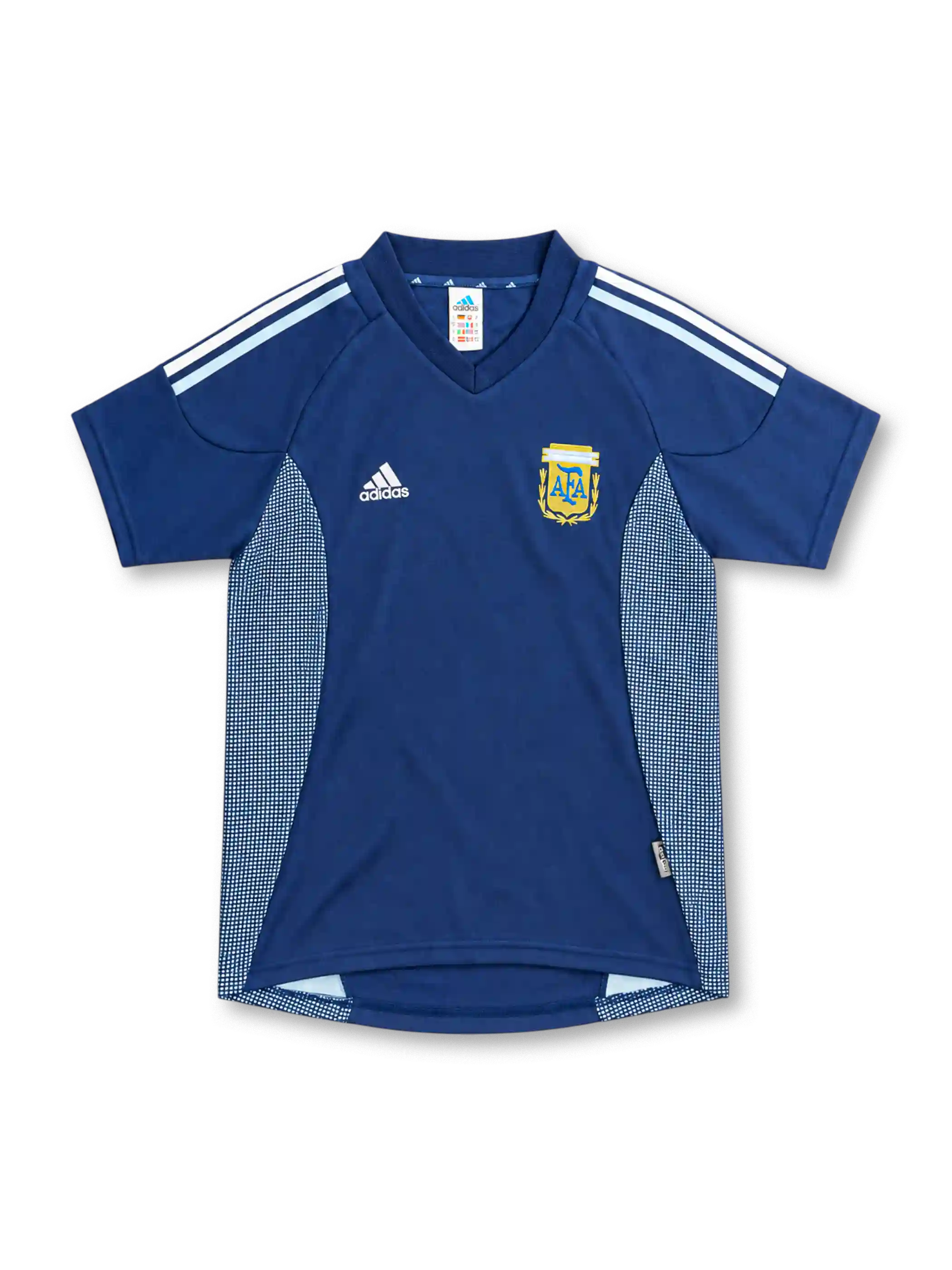 2002 アルゼンチン代表 アウェイ adidas製 水色のドット状パネルと白と水色の肩ラインが入ったネイビーのレトロサッカーユニフォーム