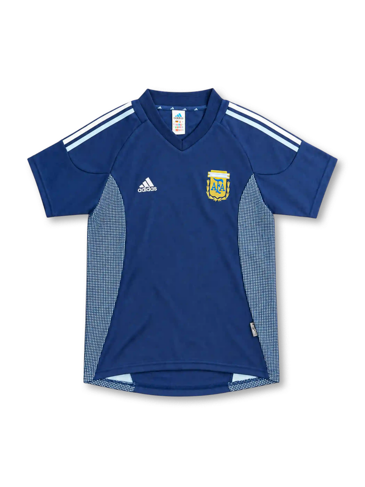 2002 アルゼンチン代表 アウェイ adidas製 水色のドット状パネルと白と水色の肩ラインが入ったネイビーのレトロサッカーユニフォーム