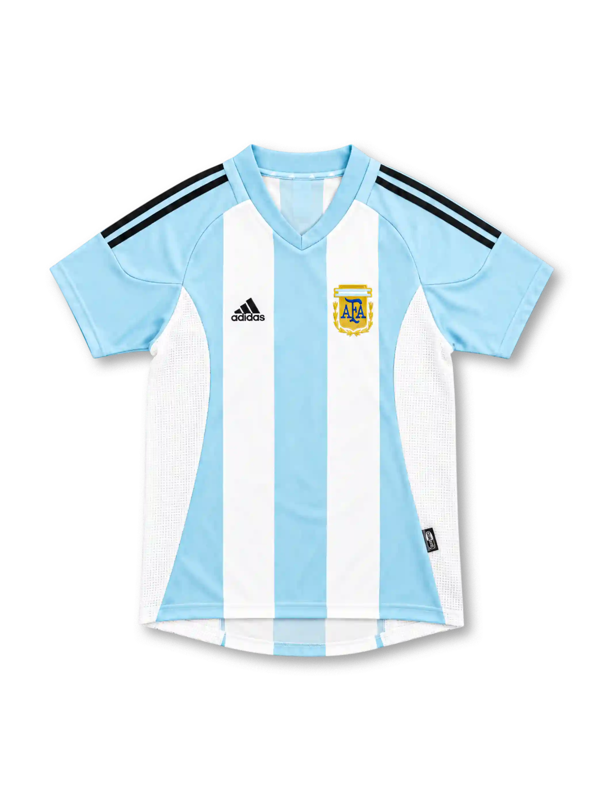 2002 アルゼンチン代表 ホーム adidas製 水色と白の縦縞と黒い肩ラインが入ったレトロサッカーユニフォーム